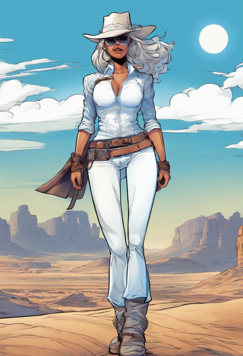 Woman with blue skin, white shirt, standing desert, wearing eye patch, comic style, white pants,