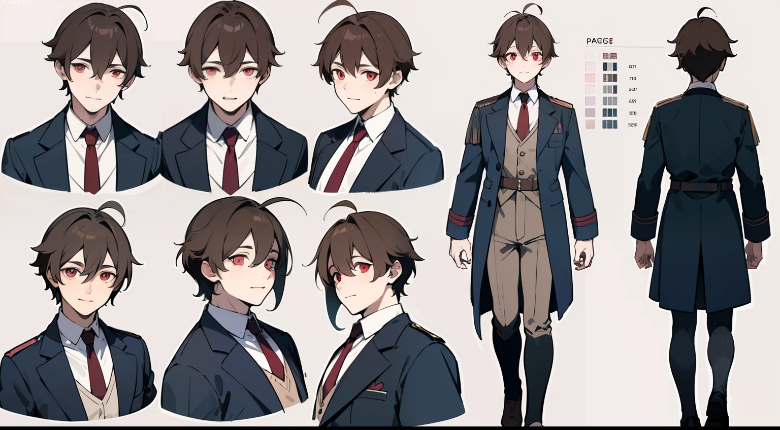 ((Masterpiece, highest quality)), detailed face, character sheet, Full body, 1boy, red eyes, brown hair, ahoge, hair between eyes, ww2 german uniform, cardigan, smile, yandere, dark, pink theme, pale skin, full of details, multiple poses and expressions, highly detailed, depth, many parts