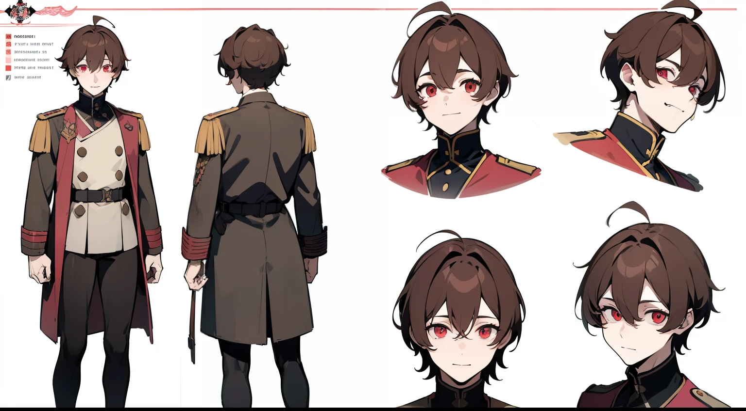 ((Masterpiece, highest quality)), detailed face, character sheet, Full body, 1boy, red eyes, brown hair, ahoge,  hair between eyes, ww2 german uniform, cardigan, smile, yandere, dark, pink theme, pale skin, full of details, multiple poses and expressions, highly detailed, depth, many parts