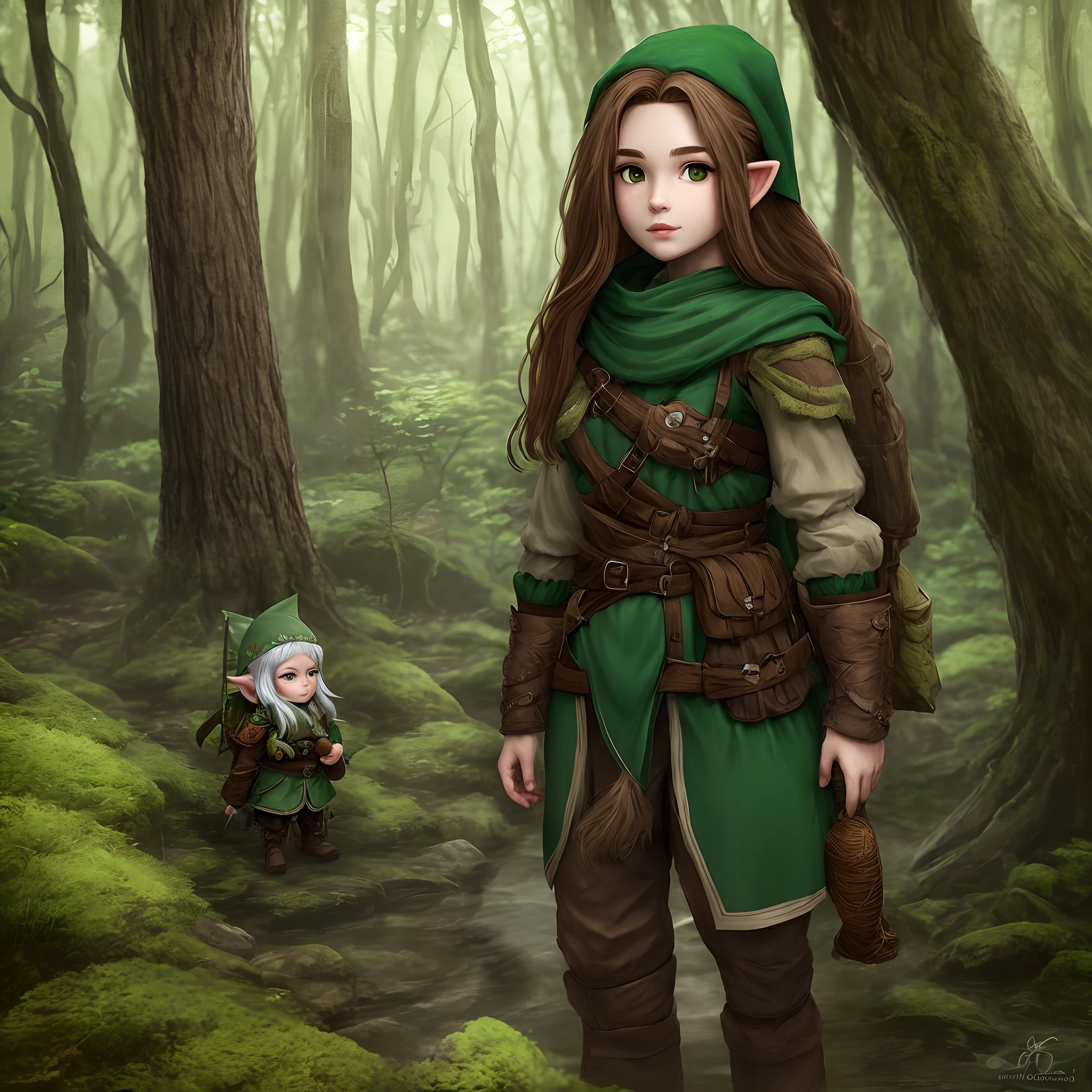 Forest gnome female ranger long brown hair with green tunic. Small adventurer
