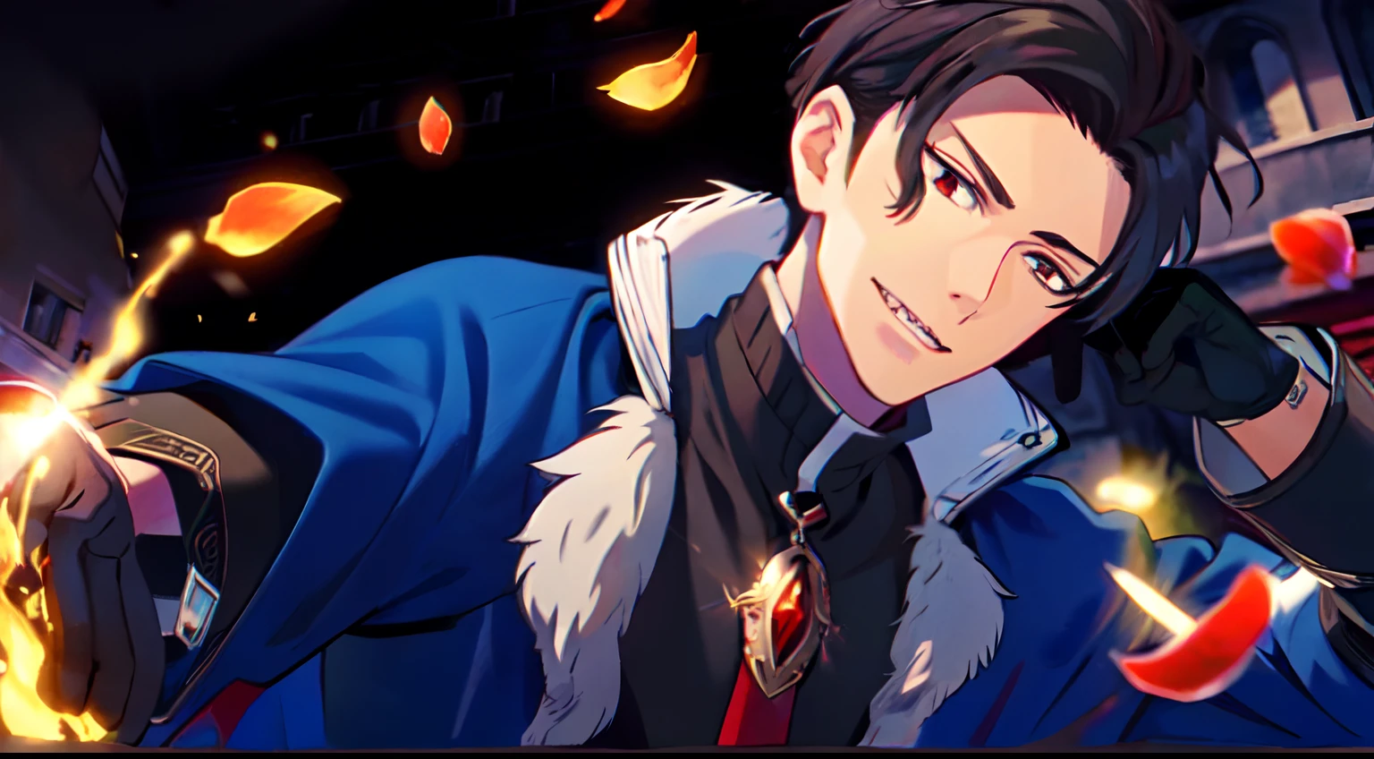 masterpiece, (1Man), luci, red eyes, black hair, (vampire), (blue cape), dark castle, red moon, falling red petals, (Dracula), pumpkin, closed mouth