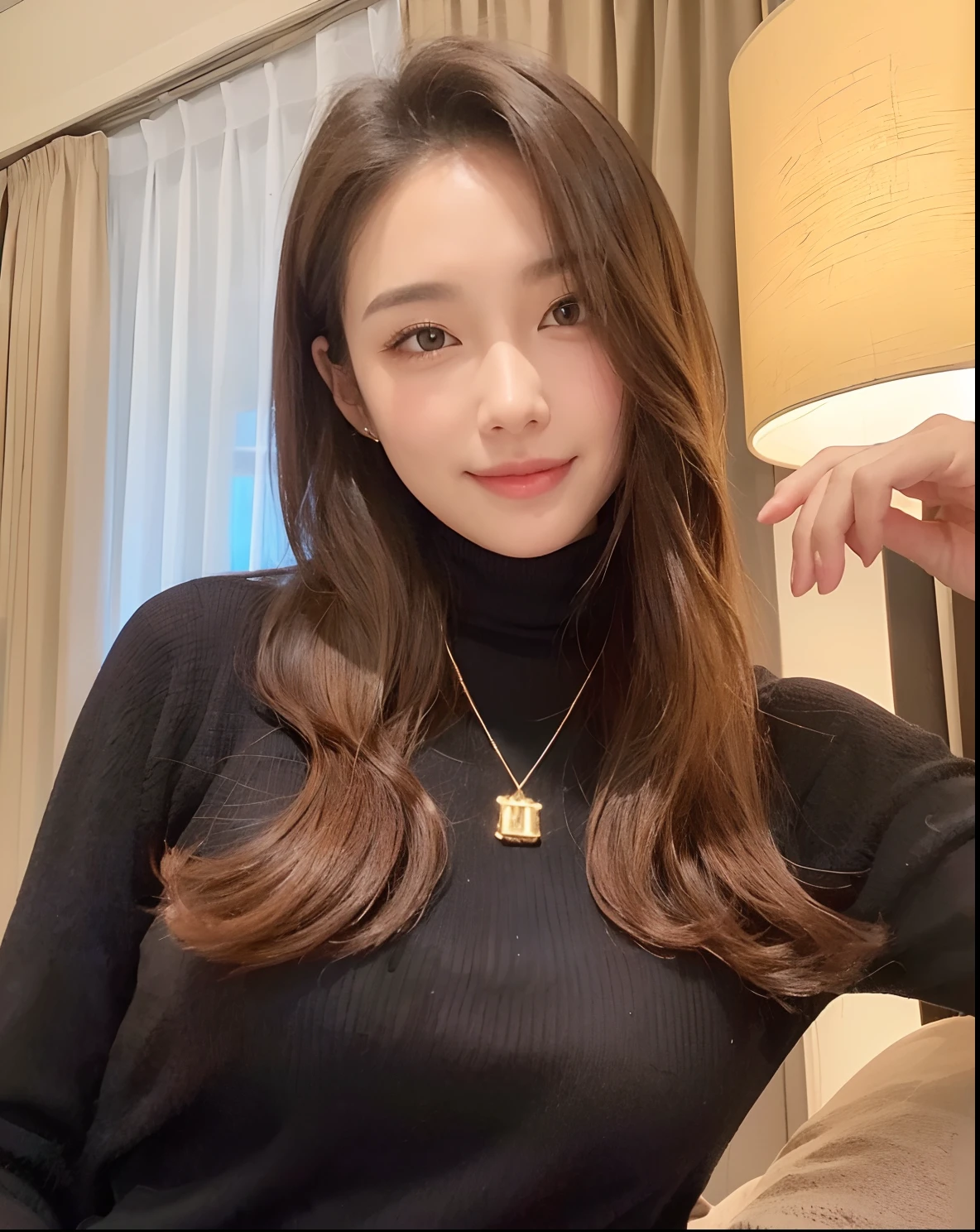 A close up of a woman wearing a black turtle neck sweater - SeaArt AI