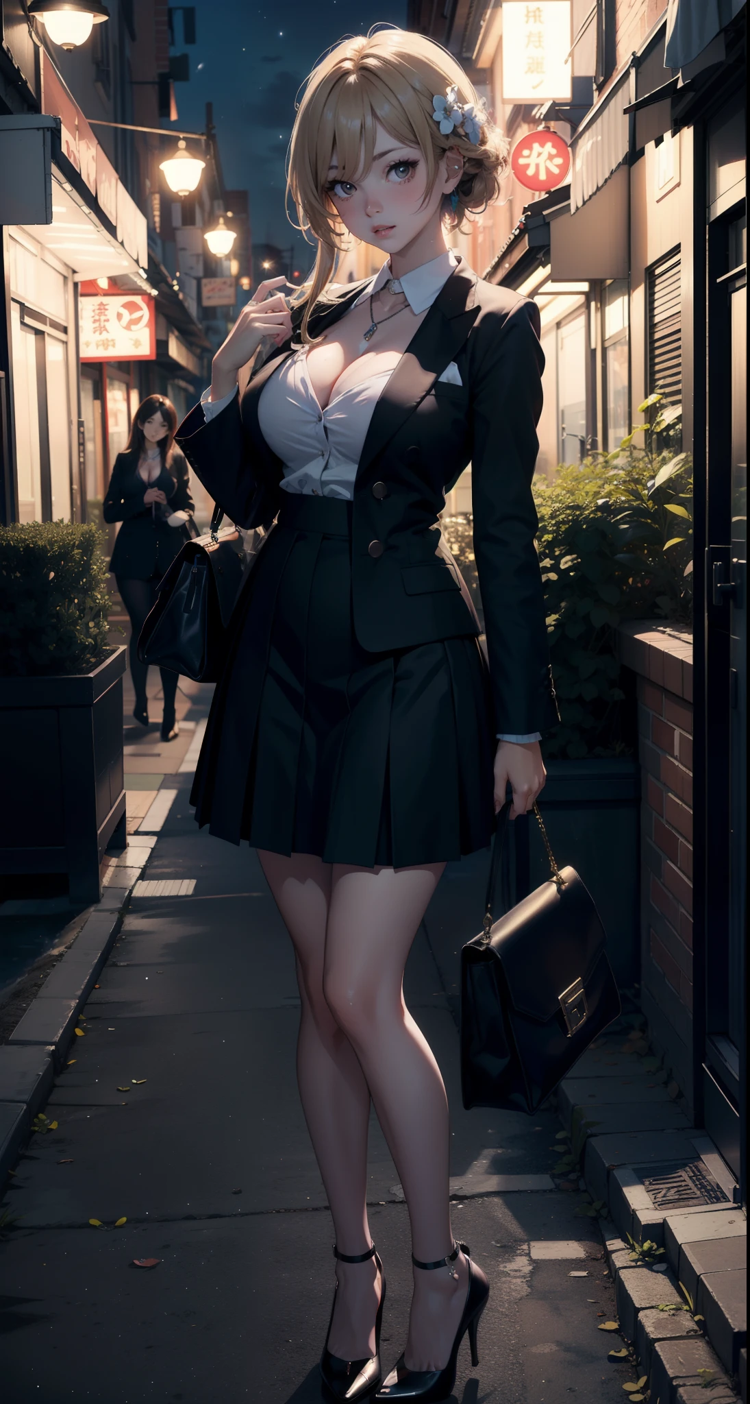 masterpiece, best quality, PIXIV, cowboy shot, 1girl, big breasts, blush,jewelry, looking at viewer, skirt, necklace, solo, bag,highheels, (offiece suit),handbag, cleavage, full body, (night:1.5), detail face, (ultra detail),