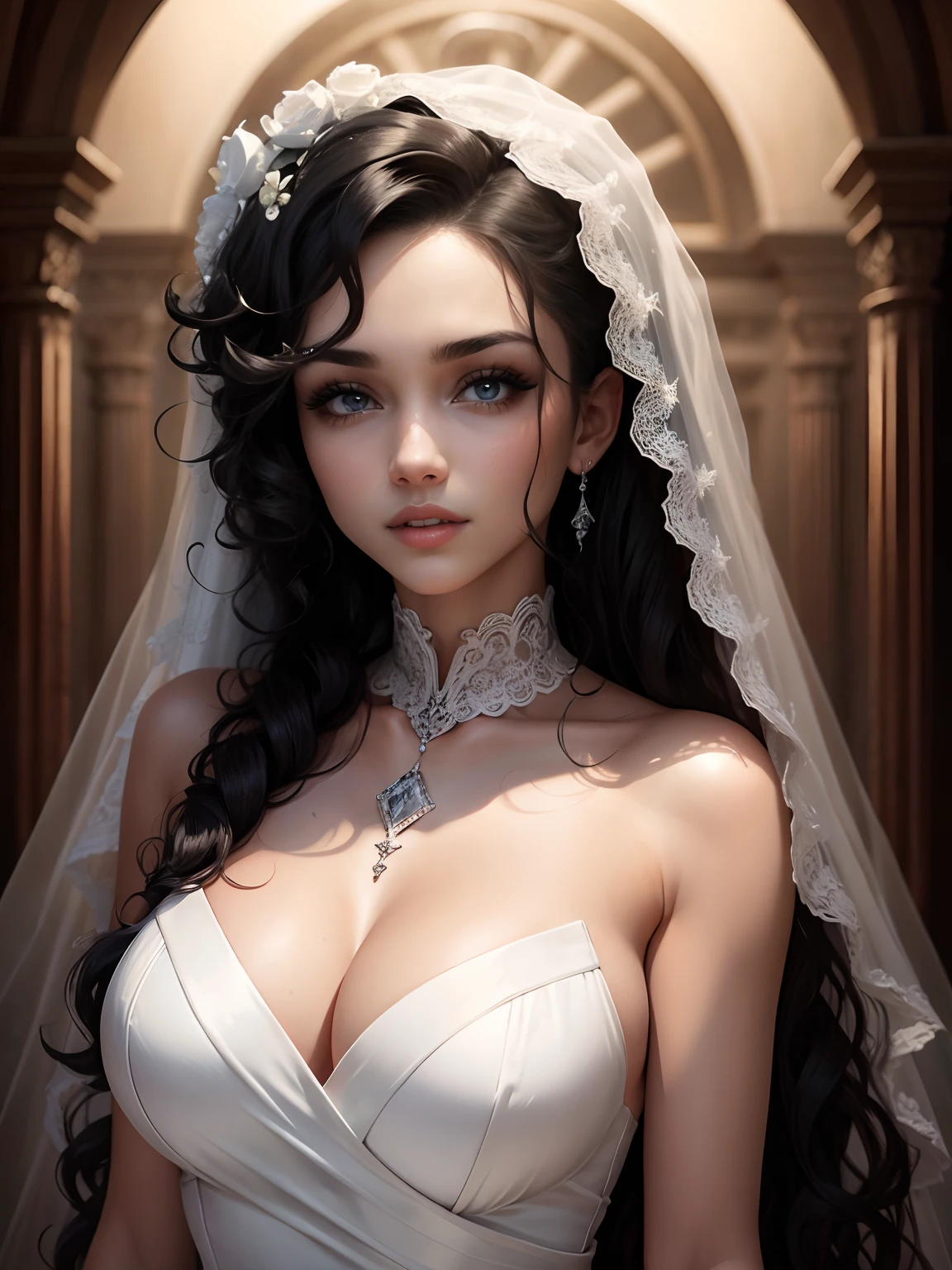 Medium black curly hair bride, olhos castanho, --auto