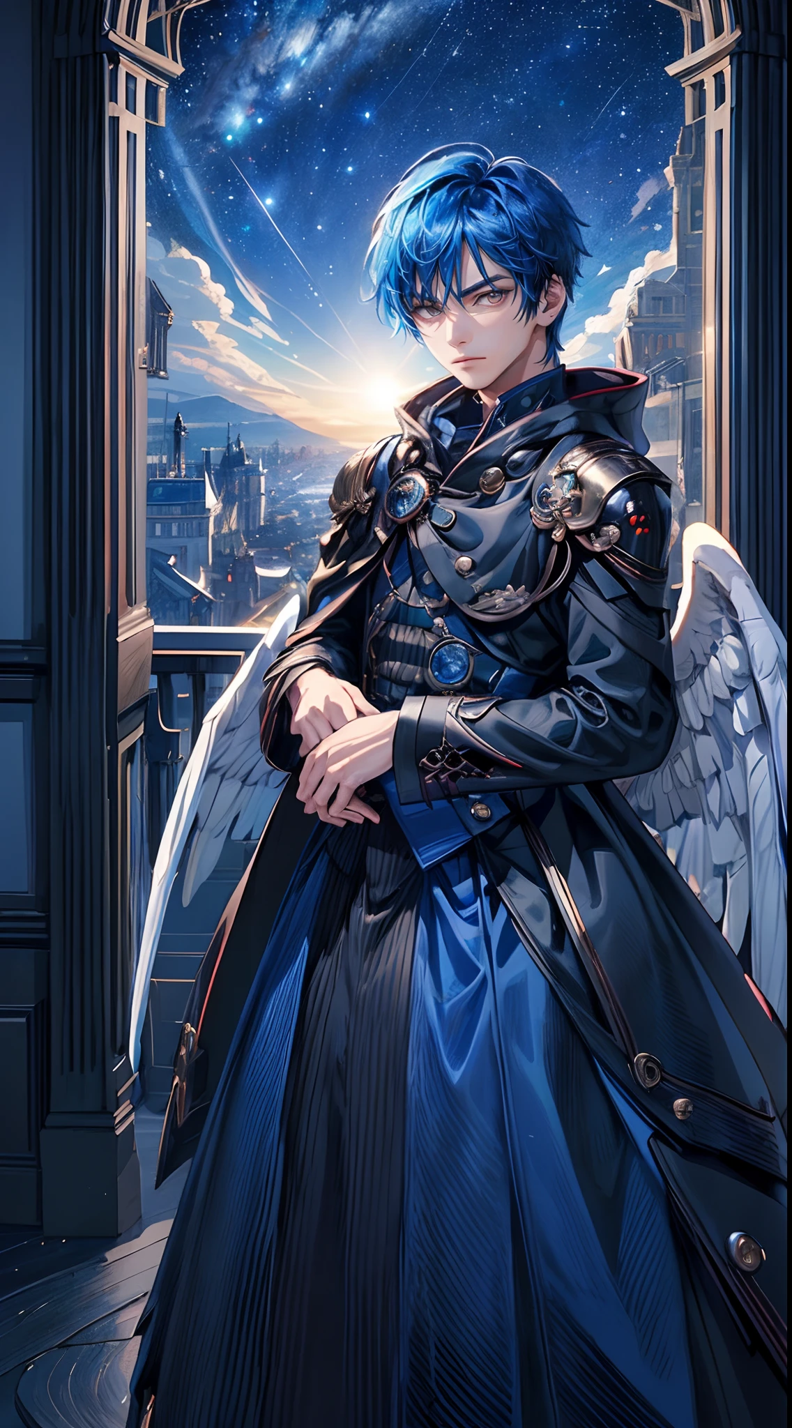 ((4K works))、masterpiece、(top-quality)、One Beautiful Fallen Angel Boy、Slim body、tall、((Attractive British style))、(Detailed beautiful eyes)、((mid night))、In the UK room、Castle inhabited by villains、Black shop window、room at night、((You can see the starry sky from the window))、((dark sky))、((British Rooms))、((Shot in a room in the UK))、mid night、((Short-haired bright blue hair))、((Smaller face))、((White eyes))、((American adult male))、((Adult male 26 years old))、((Cool Men))、((Like a celebrity))、((angry expressions))、((Korean Makeup))、((elongated and sharp eyes))、((Happy dating))、((boyish))、((Upper body photography))、Professional Photos、((Shot alone))、((Shot from diagonally in front))、((Shot in close proximity to him))、((Focus zoom in))、((Fallen Angel))、Photos of fallen angels