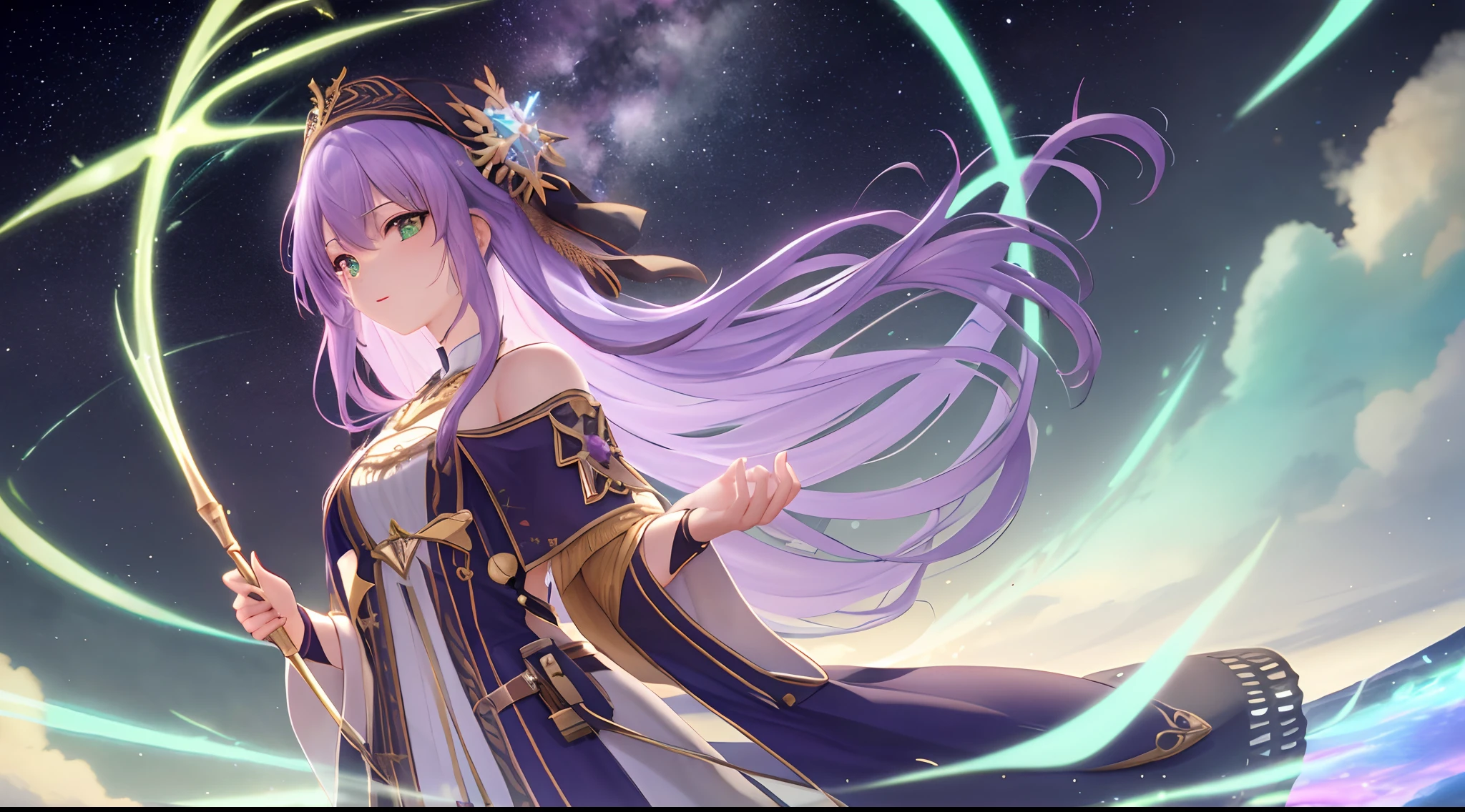 Athena with plain long light purple hair,hair between eyes,green eyes,rosy cheeks,full lips,thin eyebrows,slender body,wearing saint robe and full long skirt,cute anime girl,full body,desert night sky nebulae in background,anime style,Lumen Reflections,Screen Space Reflections,Diffraction Grading,Chromatic Aberration,GB Displacement,Scan Lines,Ray Traced,Anti-Aliasing,FXAA,TXAA,RTX,SSAO,Shaders,OpenGL-Shaders, GLSL-Shaders,Post Processing,Post-Production,cell Shading,Tone Mapping,CGI,VFX,SFX,insanely detailed and intricate, 4K,standing, solo, masterpiece, best quality, detailed face, detailed eyes, highres, standing, solo,masterpiece, best quality