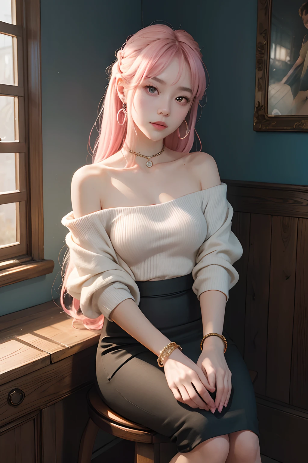 Works of masters，超高分辨率，8K分辨率，Exquisite facial features，s the perfect face，Girl，solo person，Watery eyes，ssmile，long whitr hair，Pink hair，Princess Roll，Bracelet，Collar，hoop earings，eardrop，Sweaters，pencil skirts，lacing，Bare one shoulder，Sit with your knees folded，Facing the viewer，against a wall，eventide，baker shop，disney movie，Cinematic lighting