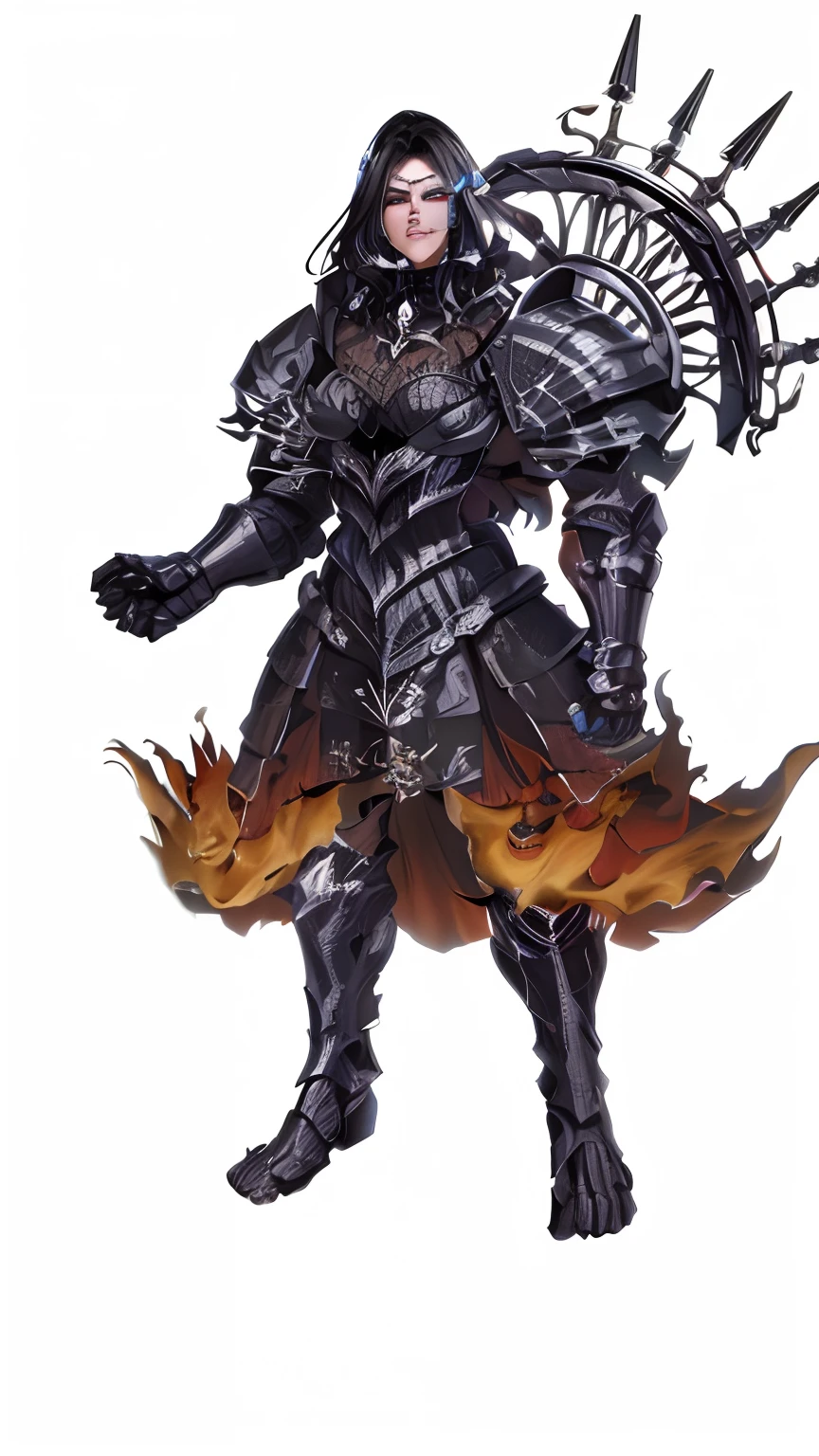Bela mulher bruxa de cabelos negros lisos  vestindo uma armadura negra gotica em chamas