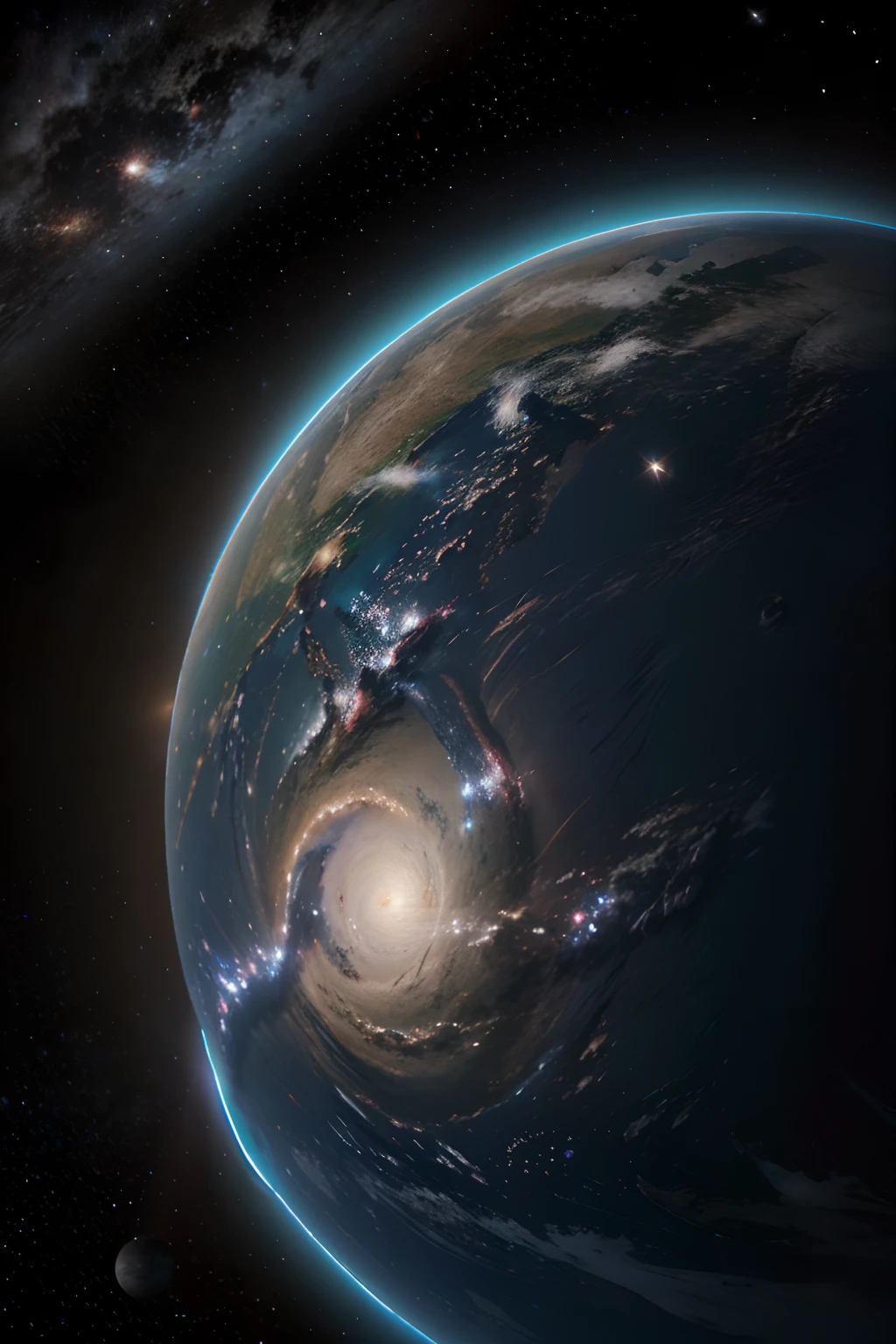A distant galaxy filled with tiny colorful stars, a blue, Earth-like planet in the foreground, realistic, colorful, 8k, trending on artstation.