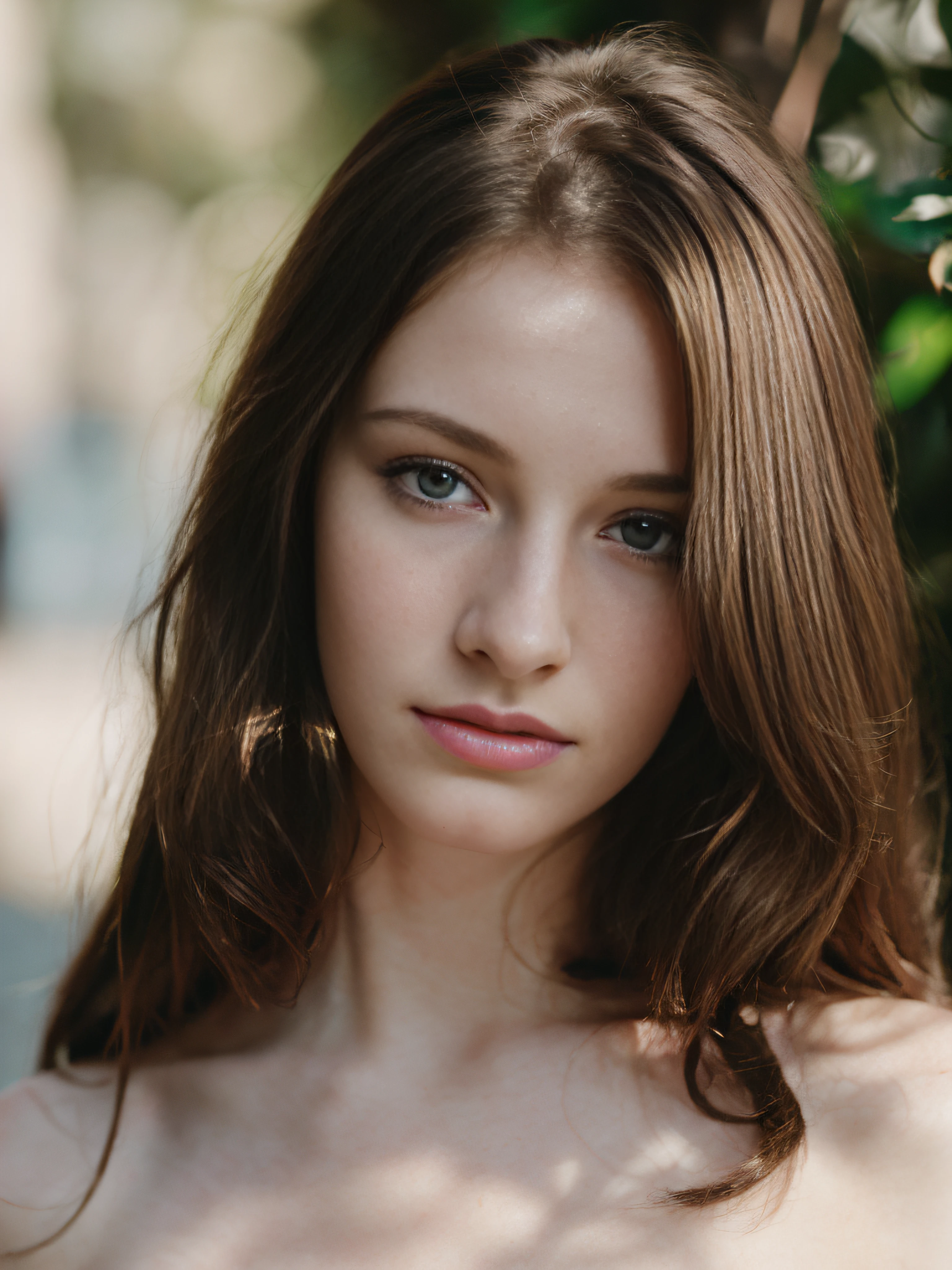 a portrait photograph of a beautiful ((20 year old)) woman, pale skin, brunette, naked, award winning photo, best quality, portrait by annie leibovitz, canon 5d mark ii, film, professional photograph, (rich colors:1.1), hyper realistic, lifelike texture, (natural lighting:1.1), (Canon EF 85mm f/1.4L IS USM)