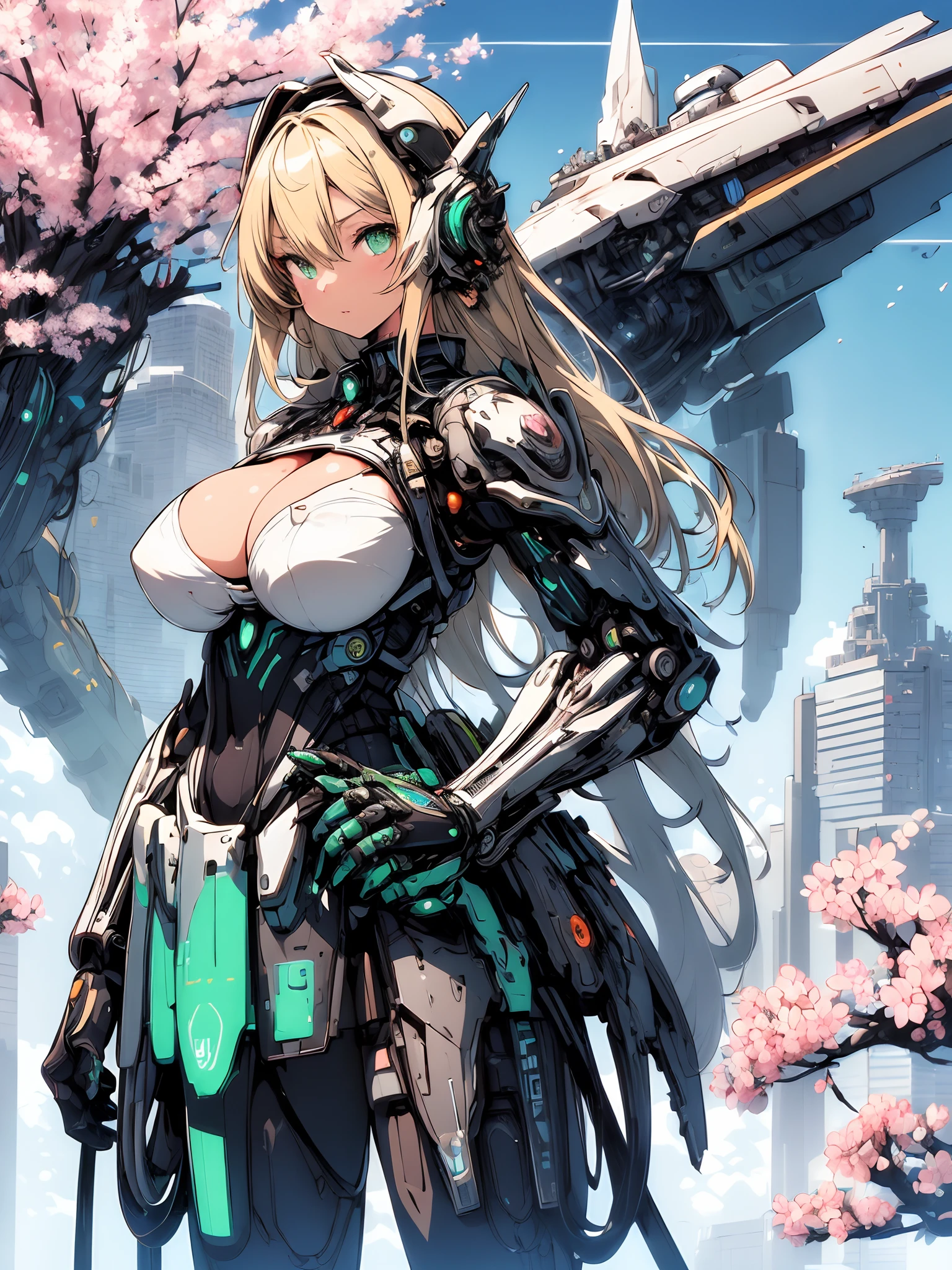 The most beautiful and sexy mecha warrior girl, blonde hair, green eyes, wearing a highly detailed futuristic hooded mecha battle armor, mechanical angel wings, huge enormously gigantic tits, cleavage showing, tons of tattoos and piercings, in hyper futuristic city metropolis, cherry blossoms blowing in the wind, highly detailed background, absurdres, highres, ultra detailed, (cute illustration:1.5), (cute,kawaii,sweet:1.2),
(1girl:1.4), bodysuit, cyborg girl,
hyper gigantic mechanical hands,dynamic pose, looking back at the camera 
nice hands, perfect hands, incredibly cinematic, best quality, best resolution