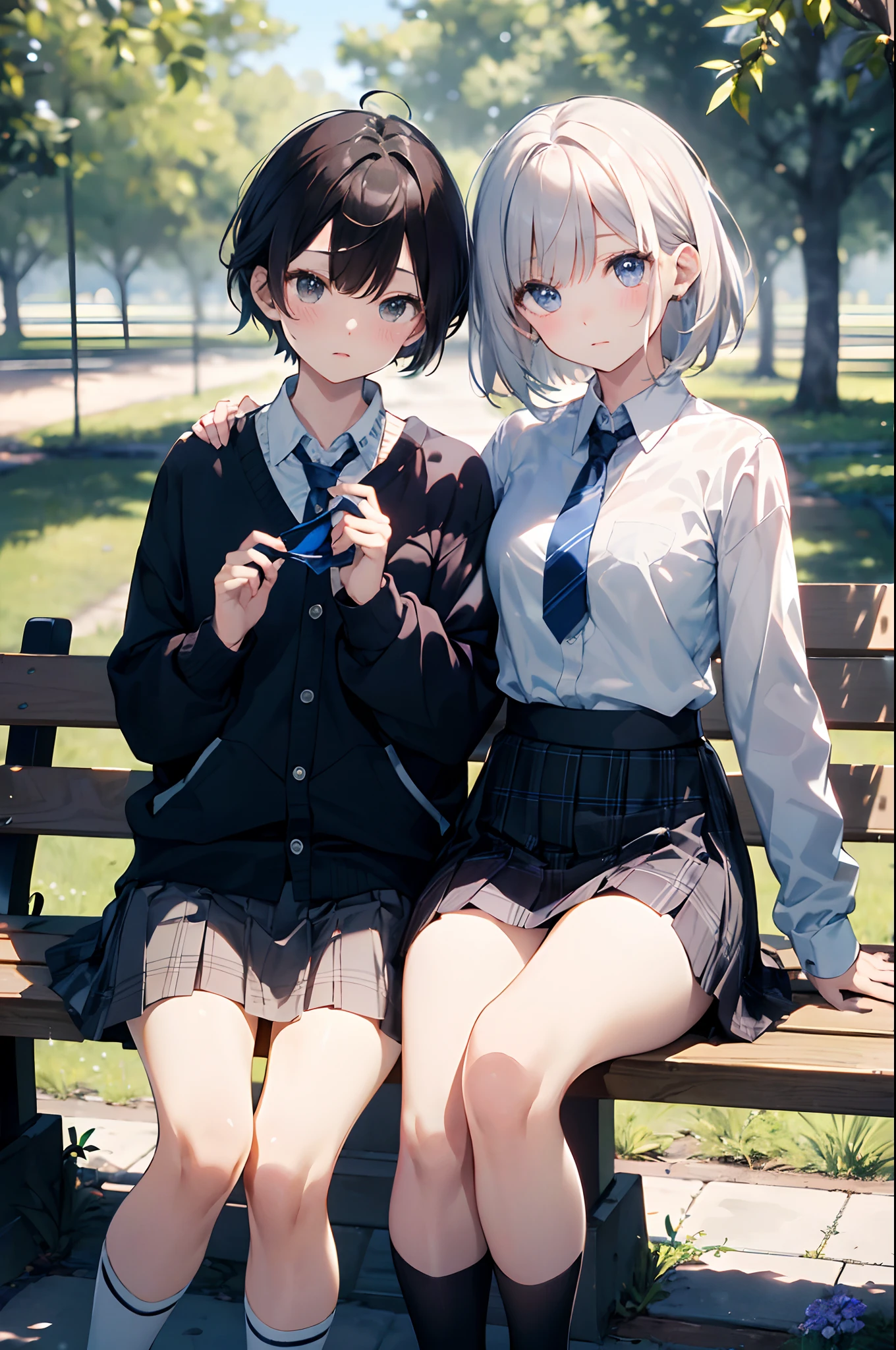 (top-quality、in 8K、32K、masterpiece、nffsw、超A high resolution、Impresionismo、Photorealsitic:1.2)、cowboy shot、foco nítido、detailed faces and eyes、(À la Fed Tree with Purple Flowers in Park with Bench, Breathtakingly beautiful tree々, Breathtaking - beautiful tree々々taking photo, Weeping willow and flowers, inspired by Matsumura Goshun, by Ikuo Hirayama, by Takeharu Matsumura, Magic Tree, by Kaii Higashiyama, Beautiful trees, very magical and dreamy)、Sharp pupils、Realistic pupils、beauitful face、18 year old beautiful girl、shinny skin、Bery short hair、Beautiful dark brown hair、Blunt bangs、Dark blue eyes、Shirt、neck tie、Plaid miniskirt、Black socks、(Have a skirt、Lifting skirt、I can see the white panties:1.3)、(Embarrassed look:1.2)、Mel Kishida