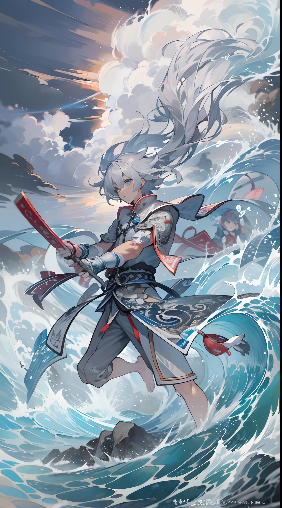 tmasterpiece,Need,超高分辨率,shoun,Chinese ancient style,(Short silver-gray hair),blue color eyes,Libido boy,adolable,Water god,The corals,Clouds,wave,Kamimei,Armour,Step on the waves