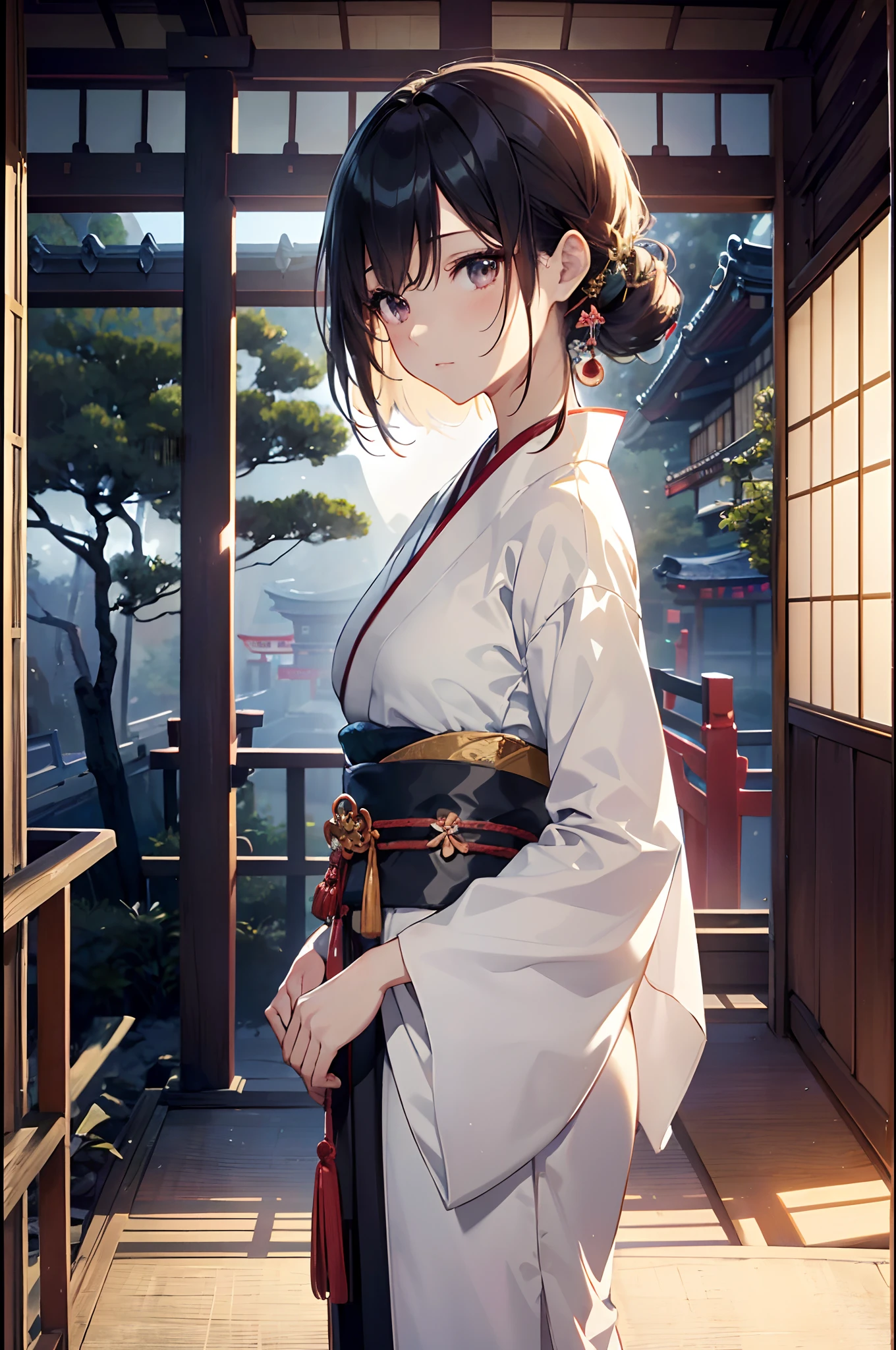 (Official art、Best Quality、Unity 8k Wallpapers、32K、masterpiece、ultra-detailliert、超A high resolution、realisitic、Photorealsitic:1.2)、(Cinematic lighting:1.2)、Fireglow effect、film grains、Best Shadows、Rim lighting、side lights、(Ultra-detailed and complex 3D rendering)、Detailed beautiful face and eyes、A slender、Medium bust、(Full body:1.2)、(sideshot、Looking away:1.2)、(Mystical、moonlights)、Highly detailed background、beauitful face、a beauty girl、(super detailed skin、detailed skin textures:1.3)、Some rooms have round windows and red carpets, world seen only through a portal, japanese temples, traditional japanese colors, mystical setting, japanese influences, traditional japanese, Japanese houses, Japanese style, japanese architecture, inspired by Itō Jakuchū, Japan. Volumetric lighting, Japanese design, quiet and serene atmosphere, Round window