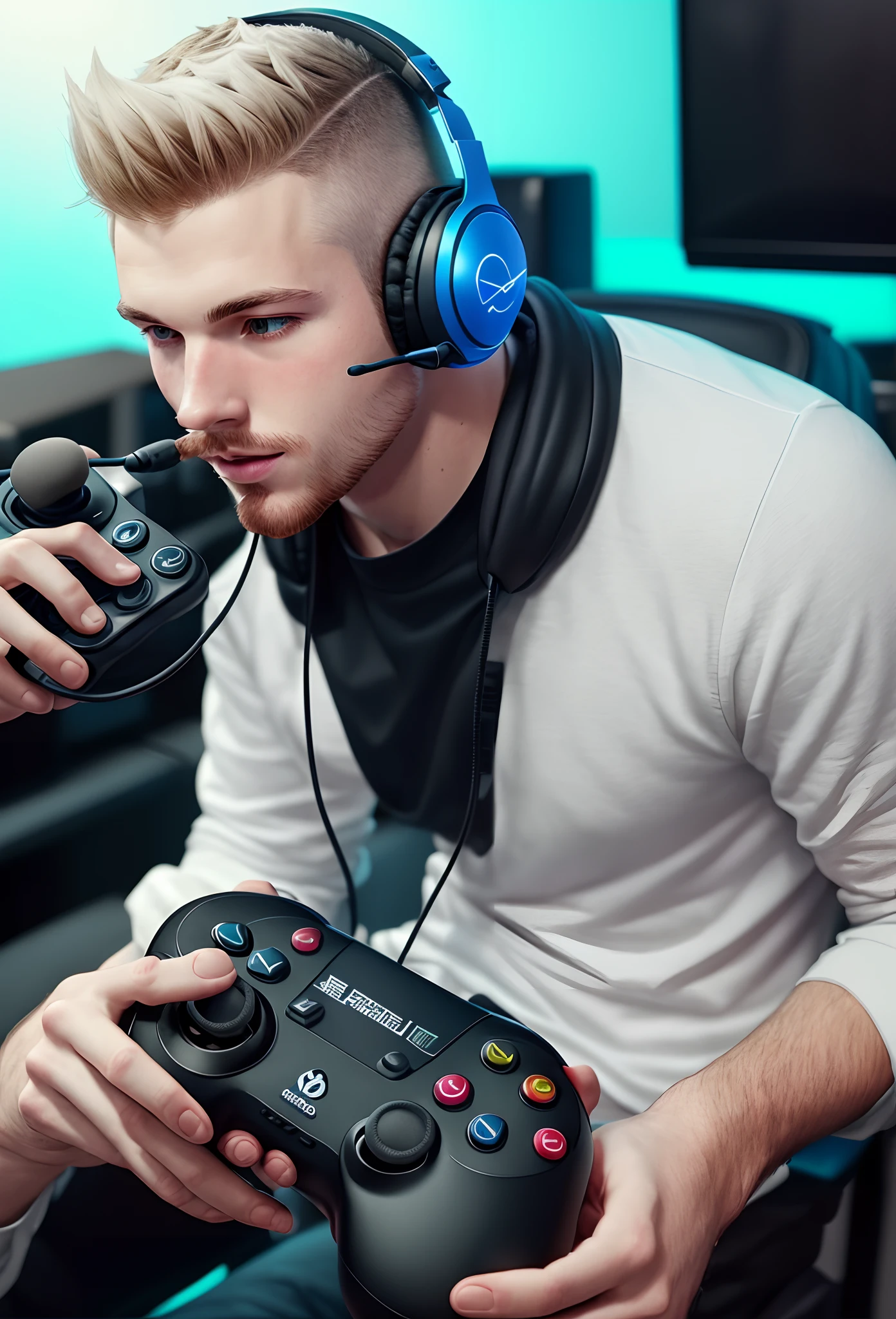 young white man with big mustache with headphones and mohawk hair holding a controller in his hand