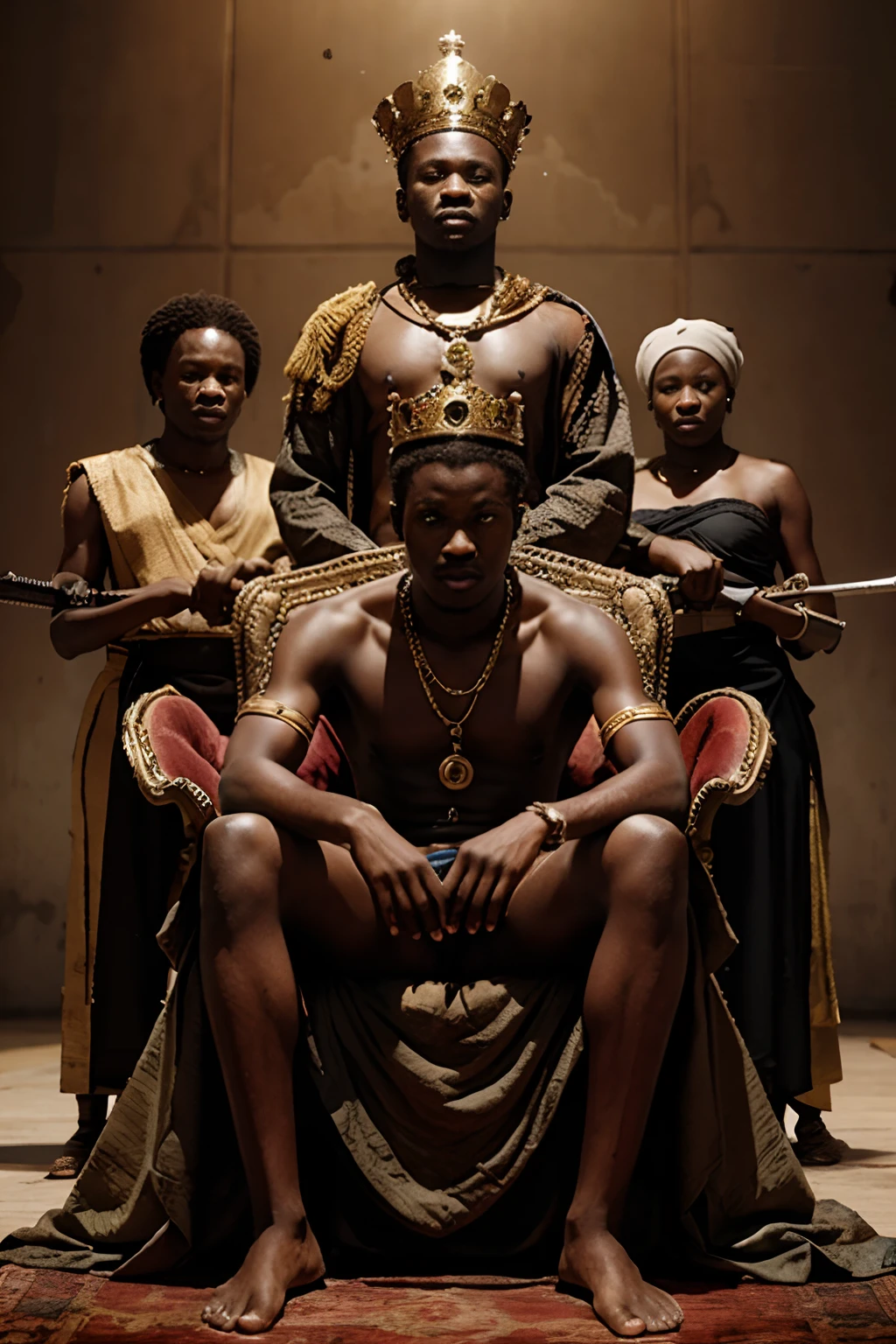 A young African king on his throne. His servants are near him and they are on their knees and each with a weapon in his hand