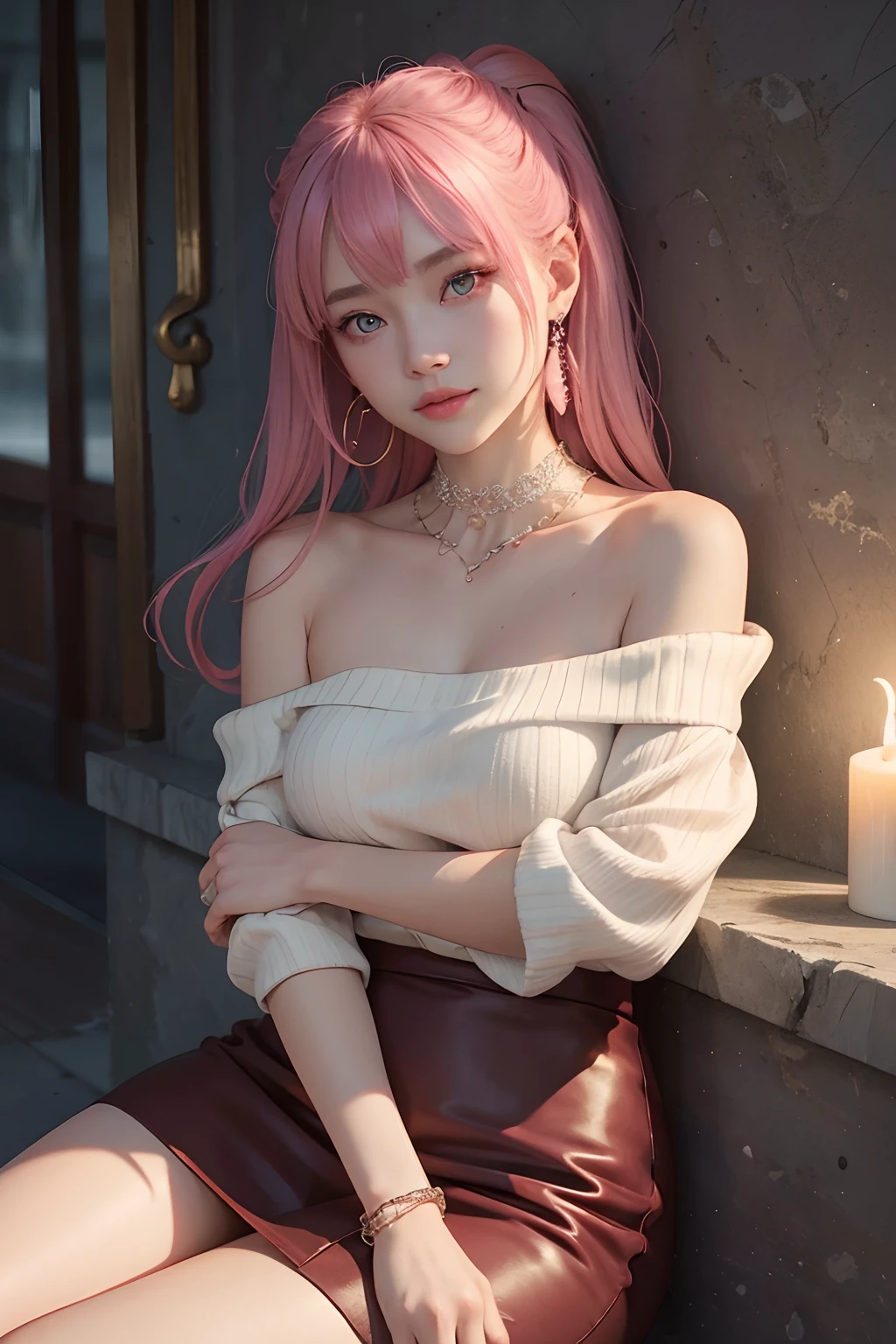 Works of masters，超高分辨率，8K分辨率，Exquisite facial features，s the perfect face，Girl，solo person，Watery eyes，ssmile，long whitr hair，Pink hair，Princess Roll，Bracelet，Collar，hoop earings，eardrop，Sweaters，pencil skirts，lacing，Bare one shoulder，Sit with your knees folded，Facing the viewer，against a wall，eventide，baker shop，disney movie，Cinematic lighting
