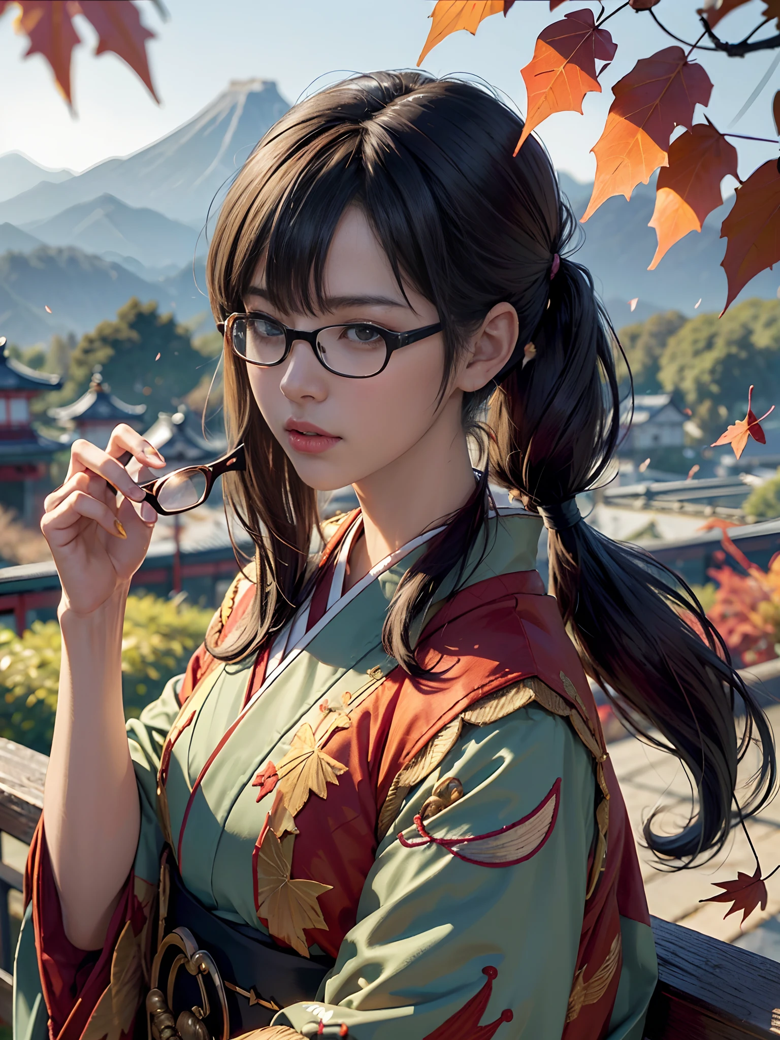 (rokoko:1.5)Background of details(the morning sun(mountainscape))(Kyoto in Japan(Colored leaves:1.5)),BREAK ,elaborate costume(Luxury kimono(Colorful kimono(detailed embroidery()))),BREAK,(1 Beautiful and classy adult woman(Japanese actressl:1.2)(glossy dark hair(poneyTail:1.2))),(eye glass:1.5),(Arms outstretched),BREAK,Wallpapers 16K,Blur the background,(masutepiece:1.5),(Best Quality:1.5),(Portrait photos:1.5),From above