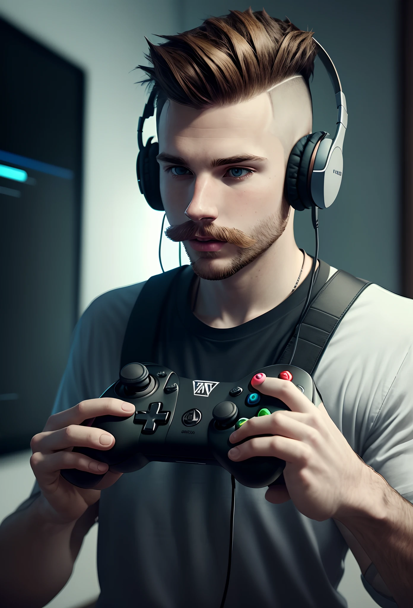 young white man with big mustache with headphones and mohawk hair holding a controller in his hand
