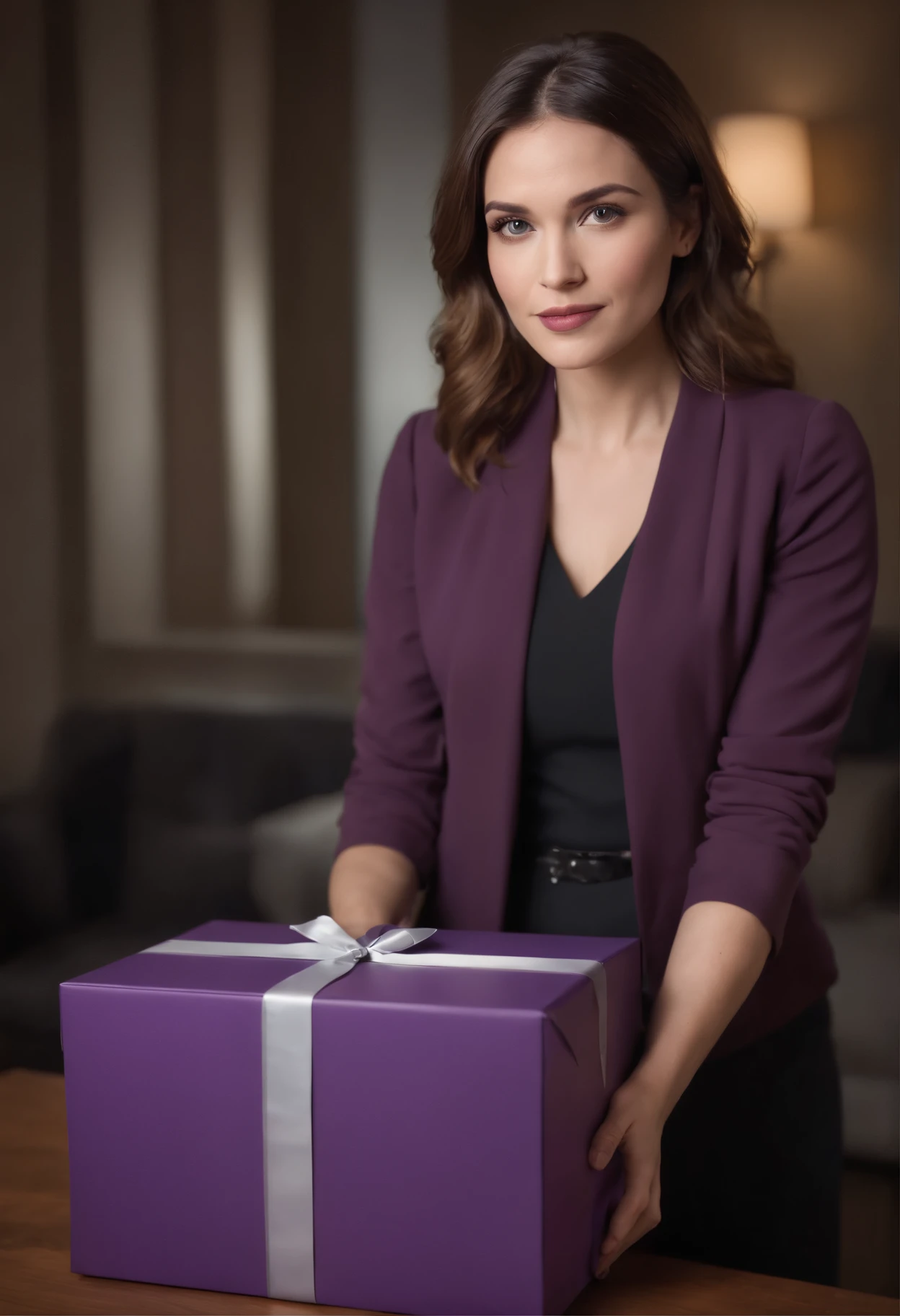 (best quality:1.2),Psychologist,woman,30 years old,holding a large and purple box,(ultra-detailed,realistic:1.37)