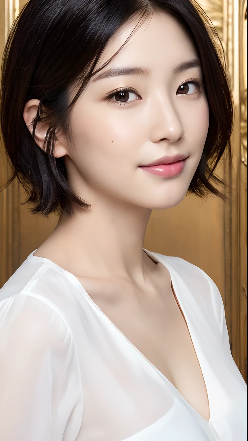 (masterpiece:1.3), (8k, photorealistic, RAW photo, best quality: 1.4), japanese, (1girl), beautiful face, (realistic face), (black hair, short hair:1.3), beautiful hairstyle, realistic eyes, beautiful detailed eyes, (realistic skin), beautiful skin, attractive, ultra high res, ultra realistic, highly detailed, golden ratio, (detaled face:1.2),looking at viewer,smile,open white shirt,medium breasts,standing,hand on hip
