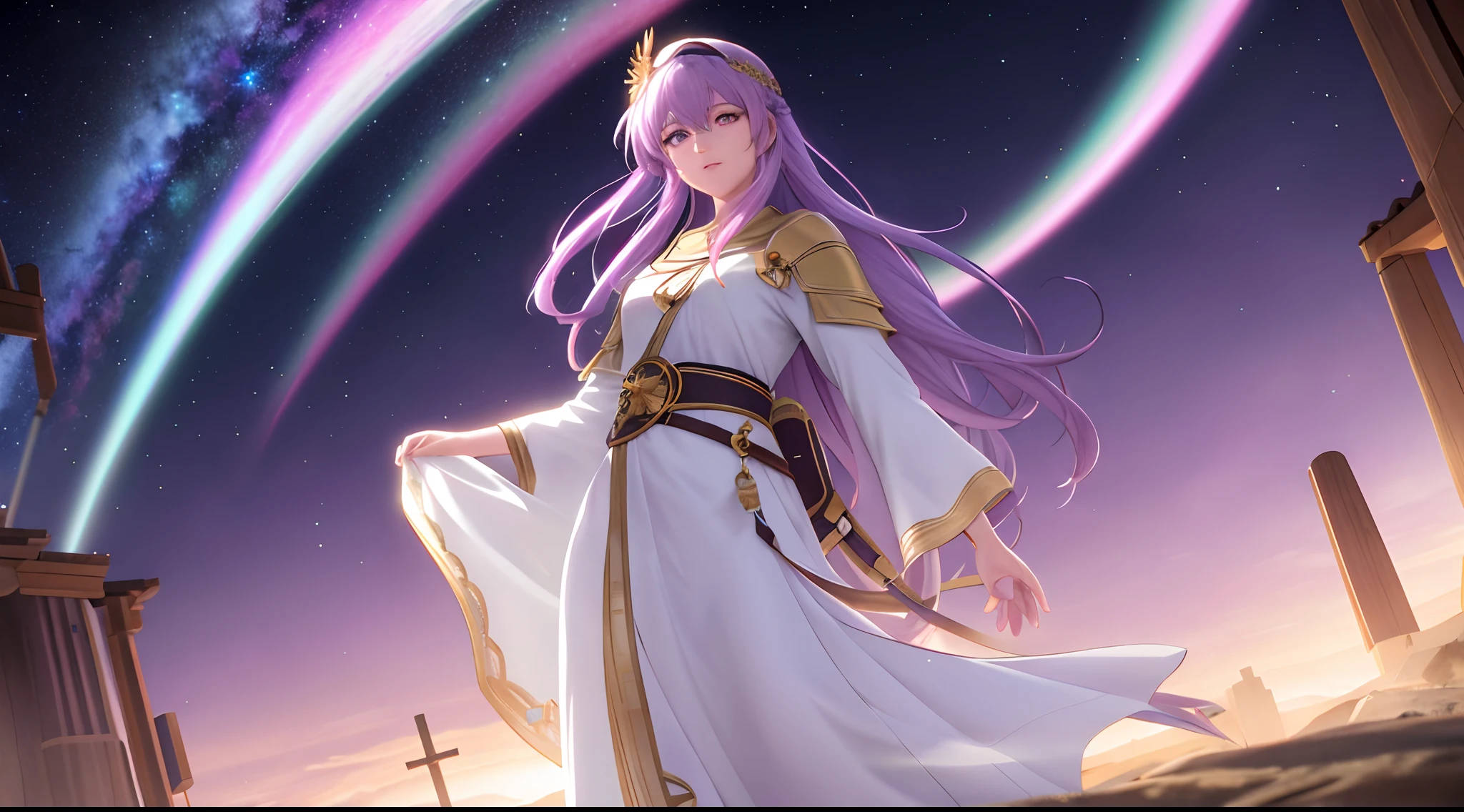 Athena with plain long light purple hair,hair between eyes,green eyes,rosy cheeks,full lips,thin eyebrows,slender body,wearing saint robe and full long skirt,cute anime girl,full body,desert night sky nebulae in background,anime style,Lumen Reflections,Screen Space Reflections,Diffraction Grading,Chromatic Aberration,GB Displacement,Scan Lines,Ray Traced,Anti-Aliasing,FXAA,TXAA,RTX,SSAO,Shaders,OpenGL-Shaders, GLSL-Shaders,Post Processing,Post-Production,cell Shading,Tone Mapping,CGI,VFX,SFX,insanely detailed and intricate, 4K,standing, solo, masterpiece, best quality, detailed face, detailed eyes, highres, standing, solo,masterpiece, best quality