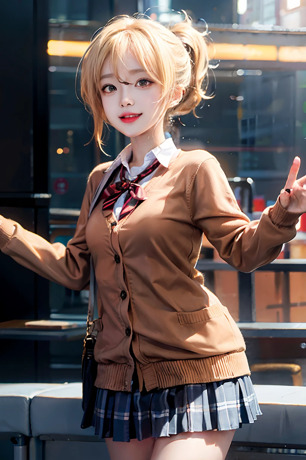 1 girl, solo, Miyashita Ai (love live!), medium hair, blonde hair, ponytail, orange eyes, bangs, smile, school uniform, shirt, white shirt, cardigan, brown cardigan, skirt, pleated skirt, white skirt, standing, masterpiece, best quality, highest quality, highly detailed face, (raw photo:1.2), ((photorealistic:1.4)), sharp focus, depth of field, cinematic lighting, action shot, masterpiece, best quality, vibrant colors