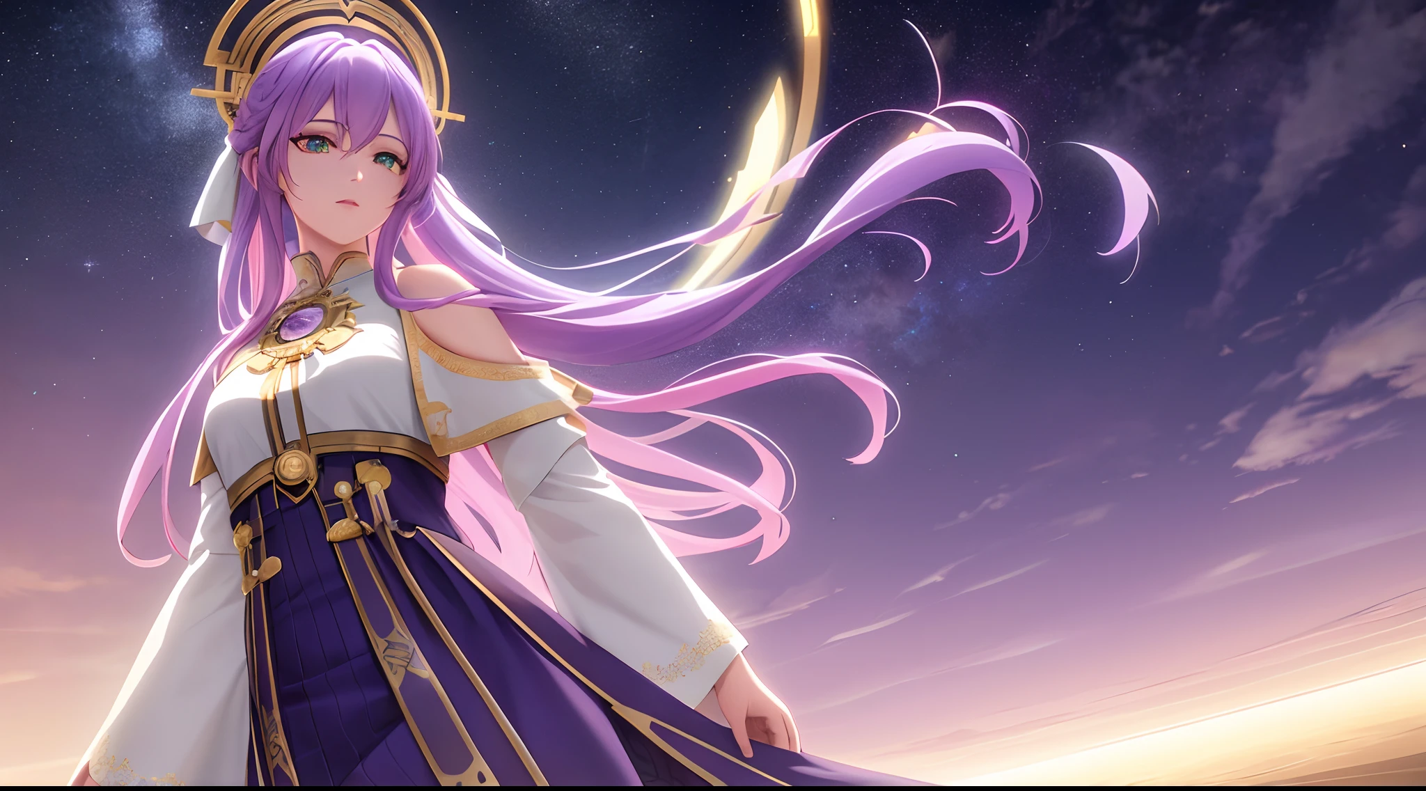 Athena with plain long light purple hair,hair between eyes,green eyes,rosy cheeks,full lips,thin eyebrows,slender body,wearing saint robe and full long skirt,cute anime girl,full body,desert night sky nebulae in background,anime style,Lumen Reflections,Screen Space Reflections,Diffraction Grading,Chromatic Aberration,GB Displacement,Scan Lines,Ray Traced,Anti-Aliasing,FXAA,TXAA,RTX,SSAO,Shaders,OpenGL-Shaders, GLSL-Shaders,Post Processing,Post-Production,cell Shading,Tone Mapping,CGI,VFX,SFX,insanely detailed and intricate, 4K,standing, solo, masterpiece, best quality, detailed face, detailed eyes, highres, standing, solo,masterpiece, best quality