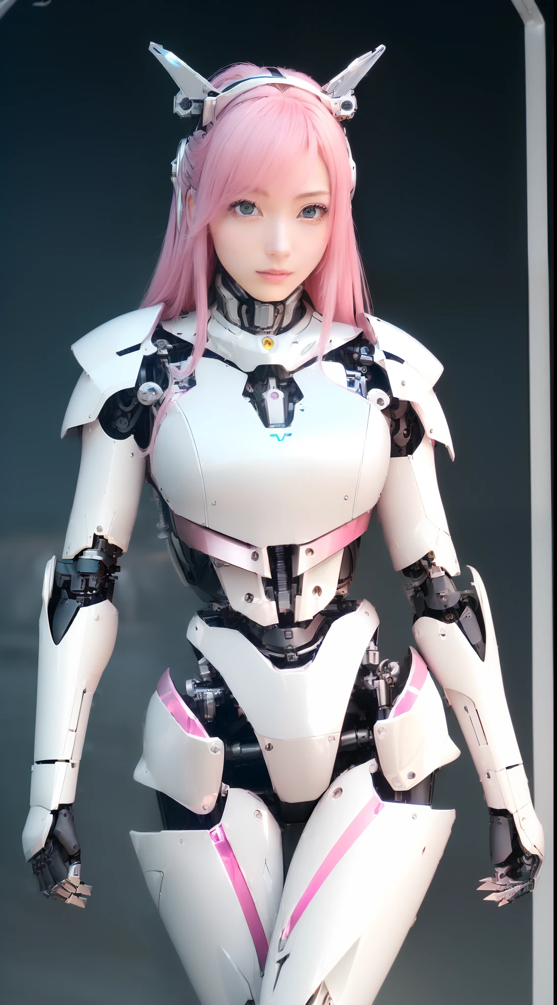 ((masutepiece)), ((top-quality), high quarity、ultra-definition, (Realistic), ((well proportioned face))、fulcolor 、(scientific fiction)、(独奏)、Beautiful robot woman、Combat Robots、(Perfect robot joint)、(Detailed electronic board)、(Machine frame)、(White porcelain mechanical armor)、(Oval curvaceous face)、(almond shape eyes)、thin mouth、deadpan、((Perfect mechanical two-handed))、(Outside the city)、Perfect robot legs、Pink hair