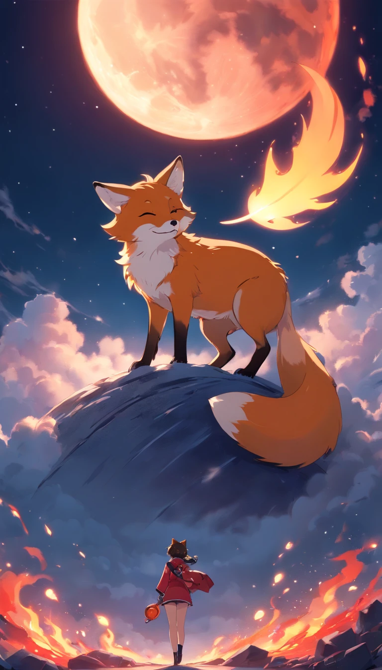 best quality, 8k, a red fox with red flames on parts of its body lying on a moon, clouds scene