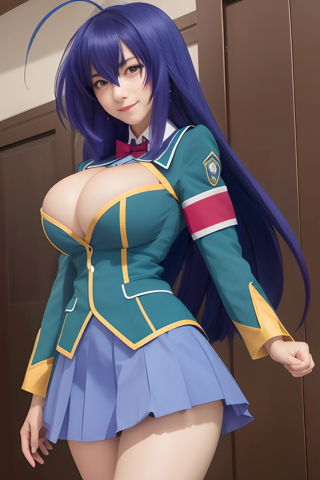 top-quality, 8K, ultra-detailliert, Photorealsitic, Portrait, 1girl in, Kurokami Medaka, Red Eyes, Blue-violet hair, Long hair, Ahoge, large udder, green school Uniform, cleavage cutout, Clothes Cutout, Pleated skirt, crass room, Smile, Cool pose, Armbands, long-sleeve, Light blue skirt,  student, I don't draw bras
