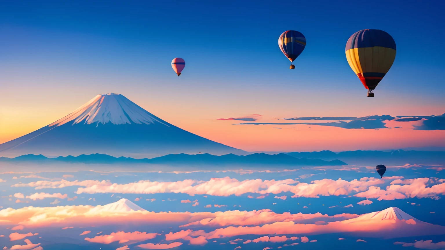 Many hot air balloons lined up with Mt. Fuji in the background、are flying --auto