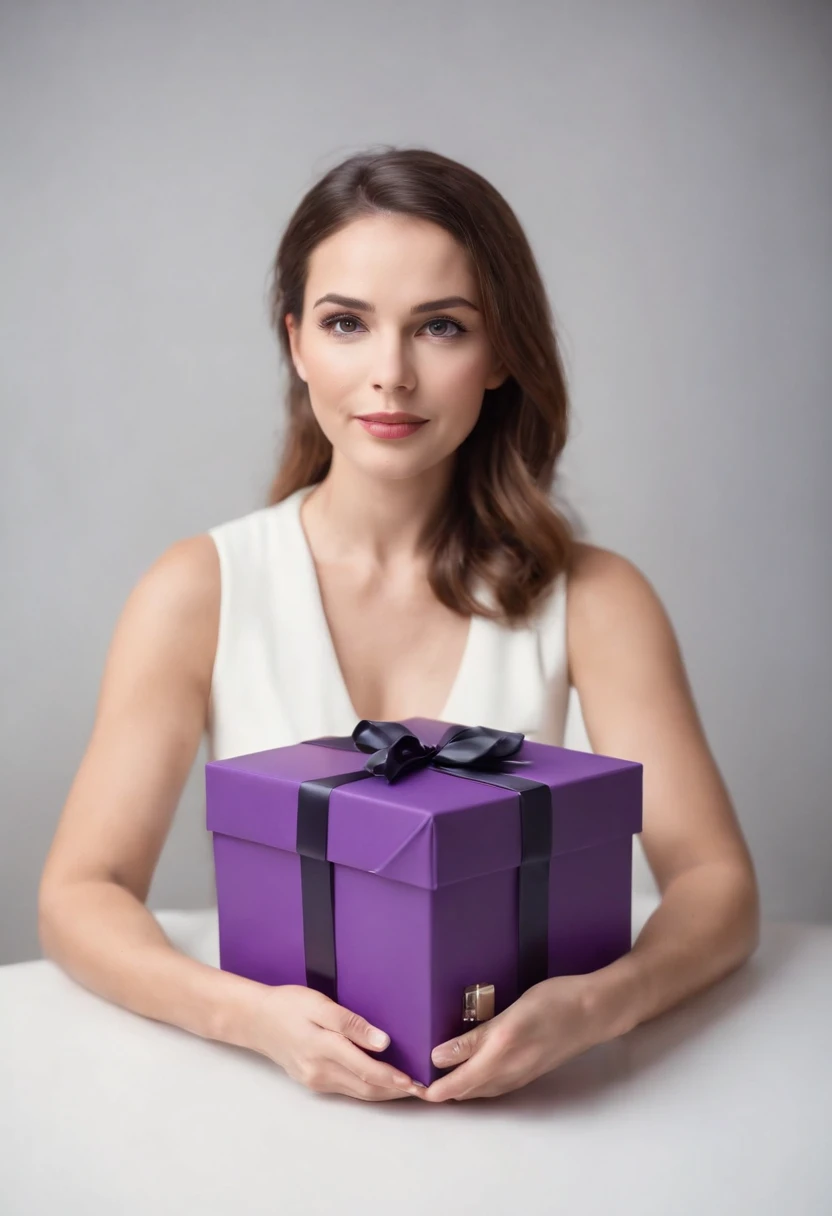 (best quality,ultra-detailed,photo-realistic:1.37),a 30-year-old woman psychologist holding an open magical big purple box, toys coming out of it