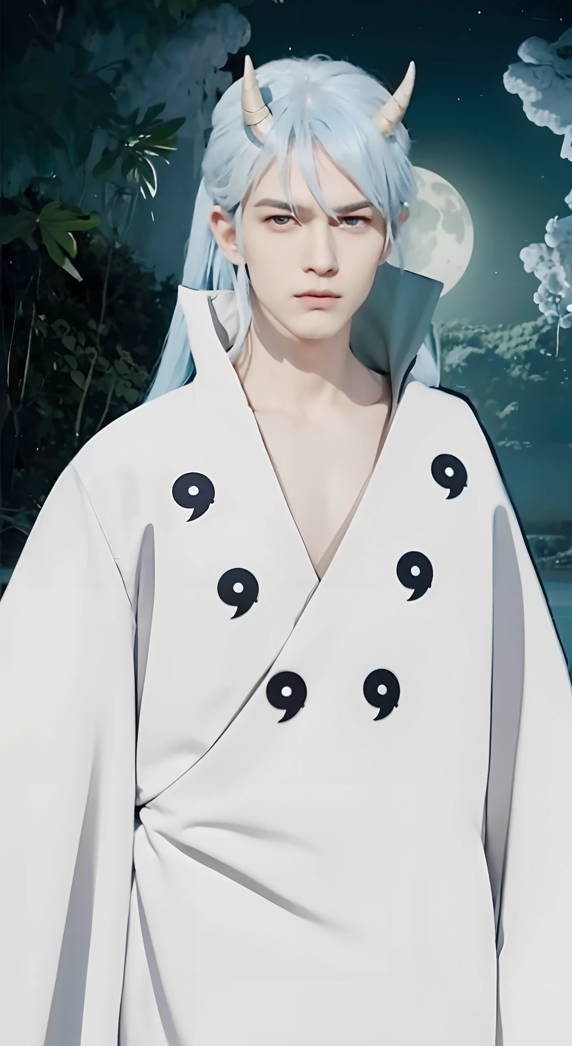 Real life adaption of this character,handsome face,cool expression,realistic same light blue hair, realistic same horns, There was hair tied with a cloth on the side of his hair ,realistic same outfit,((same logo printed on hisboutfit)), realistic light, realistic shadow, realism, hyper realistic,(photorealistic:1.2), looking to viewer,Realistic natural background with moonlight views,