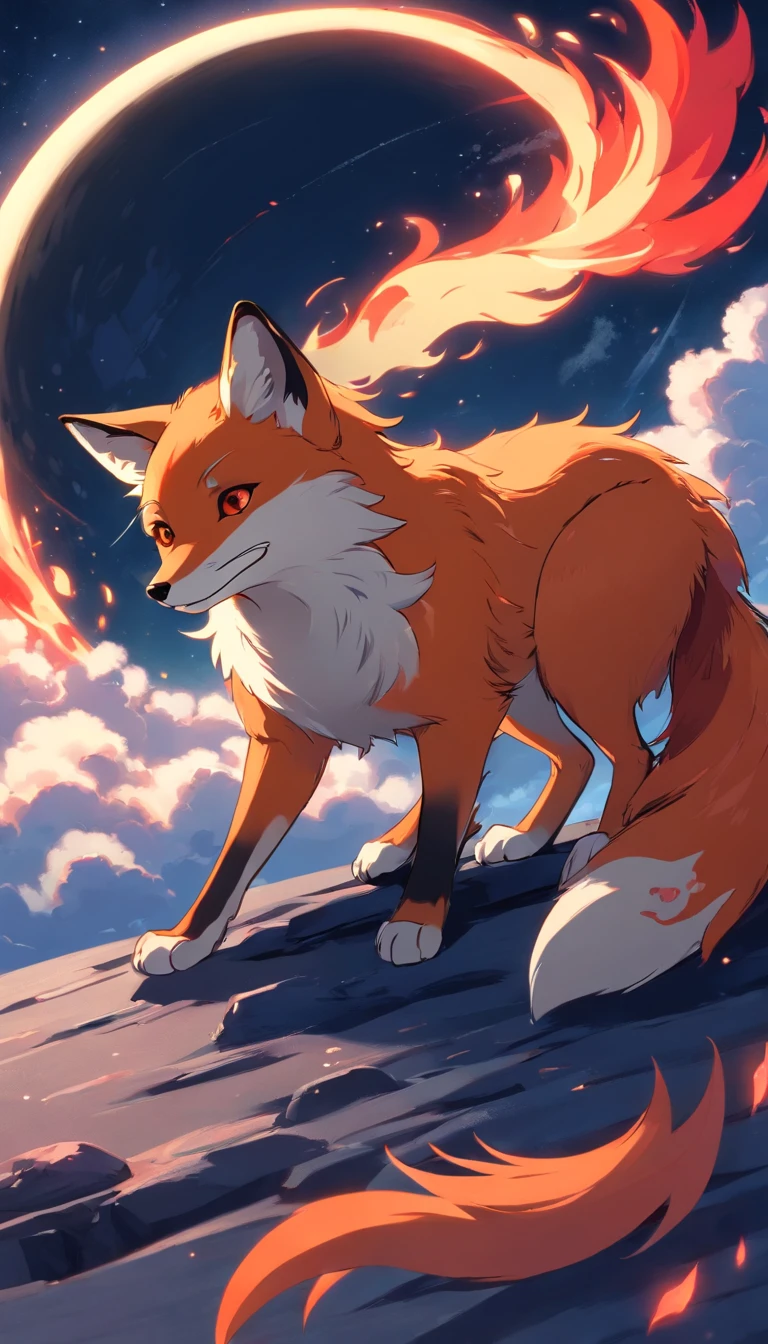 best quality, 8k, a red fox with red flames on parts of its body lying on a moon, clouds scene