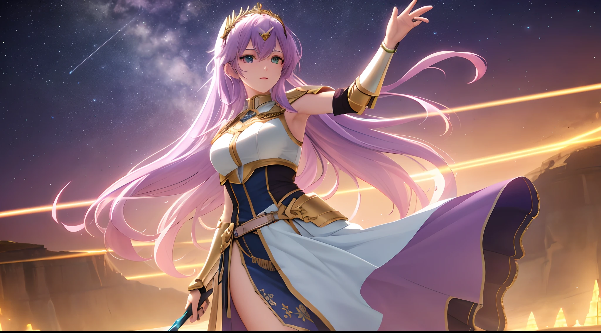 Athena with plain long light purple hair,hair between eyes,green eyes,rosy cheeks,full lips,thin eyebrows,slender body,wearing golden armor and full long skirt,cute anime girl,full body,desert night sky nebulae in background,anime style,Lumen Reflections,Screen Space Reflections,Diffraction Grading,Chromatic Aberration,GB Displacement,Scan Lines,Ray Traced,Anti-Aliasing,FXAA,TXAA,RTX,SSAO,Shaders,OpenGL-Shaders, GLSL-Shaders,Post Processing,Post-Production,cell Shading,Tone Mapping,CGI,VFX,SFX,insanely detailed and intricate, 4K,standing, solo, masterpiece, best quality, detailed face, detailed eyes, highres, standing, solo,masterpiece, best quality