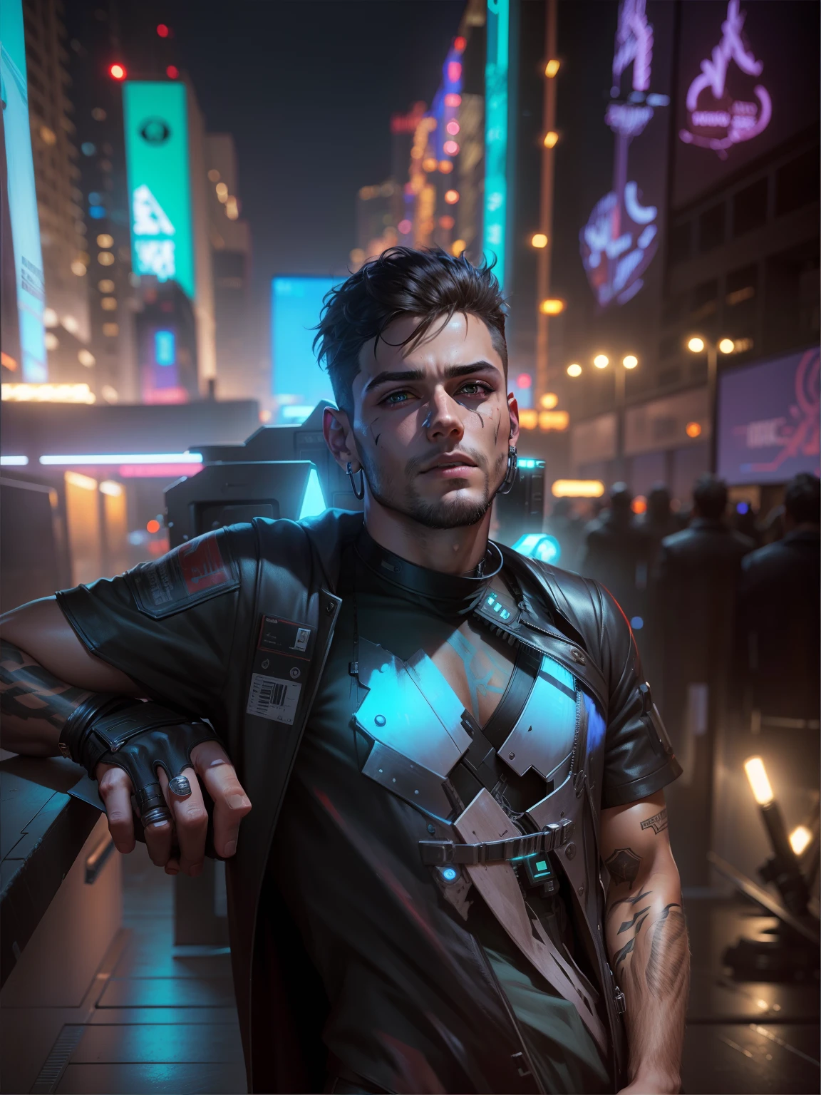 Car in background cyberpunk handsome boy, realistic face, 8k, ultra realistic, male