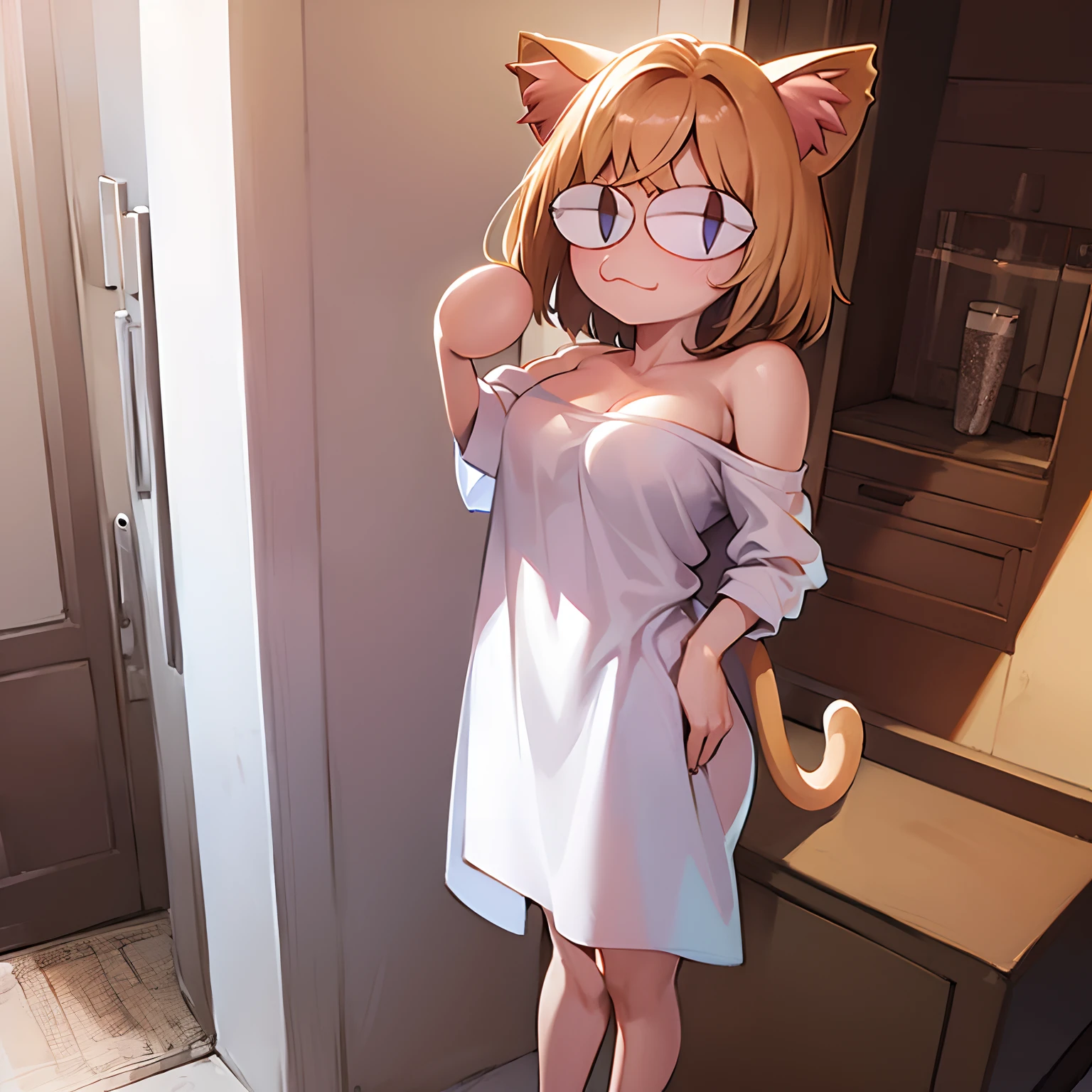 ((masterpiece)), (best quality), (detailed), (1 girl), (cat ears), (cat tail), oversized shirt, white shirt, off shoulder,arms down, breasts squeezed together, elbow squeeze