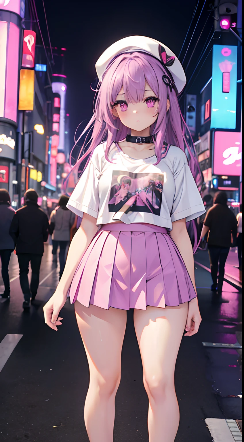 masterpiece, best quality, 1girl, adult body, purple hair, pink eyes, long hair, (small breasts), standing on the street, (T-shirt collar), underwear straps, pink skirt, view frontal, standing, city night, neon light, Tokyo street background, taxi, dating, shy, headwear, hands behind back, medium chest, thick legs, thick thigh