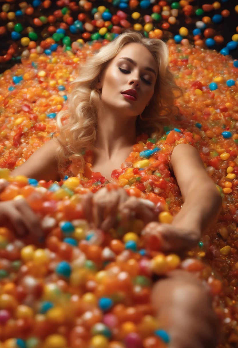 Beautiful blonde woman in a costume made of many melted candies. She is enjoying the climactic ecstasy by sliding something in and out . Her face full of pleasure.
