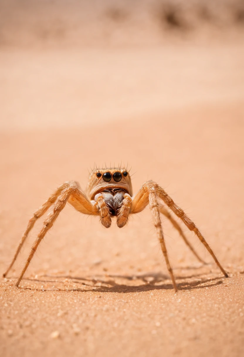 An awe-inspiring portrayal of the Golden Wheel Spider (Carparachne aureoflava) in its natural habitat. The spider is captured mid-movement as it skillfully constructs its unique golden silk wheel web in the vast, arid desert. The spider's body glistens in the intense sunlight, while its intricate web shines with a mesmerizing golden hue. The environment is an expansive, sandy desert with dunes stretching into the horizon. The atmosphere is one of perseverance in the face of harsh conditions, where the spider's tenacity shines as brightly as its web. The chosen style for this image is a high-quality photography session. A professional DSLR camera with a macro lens (e.g., Canon EOS 5D Mark IV with a 100mm f/2.8 lens) will capture the spider's intricate activities and the details of its desert surroundings with exceptional clarity. --ar 16:9 --v 5
