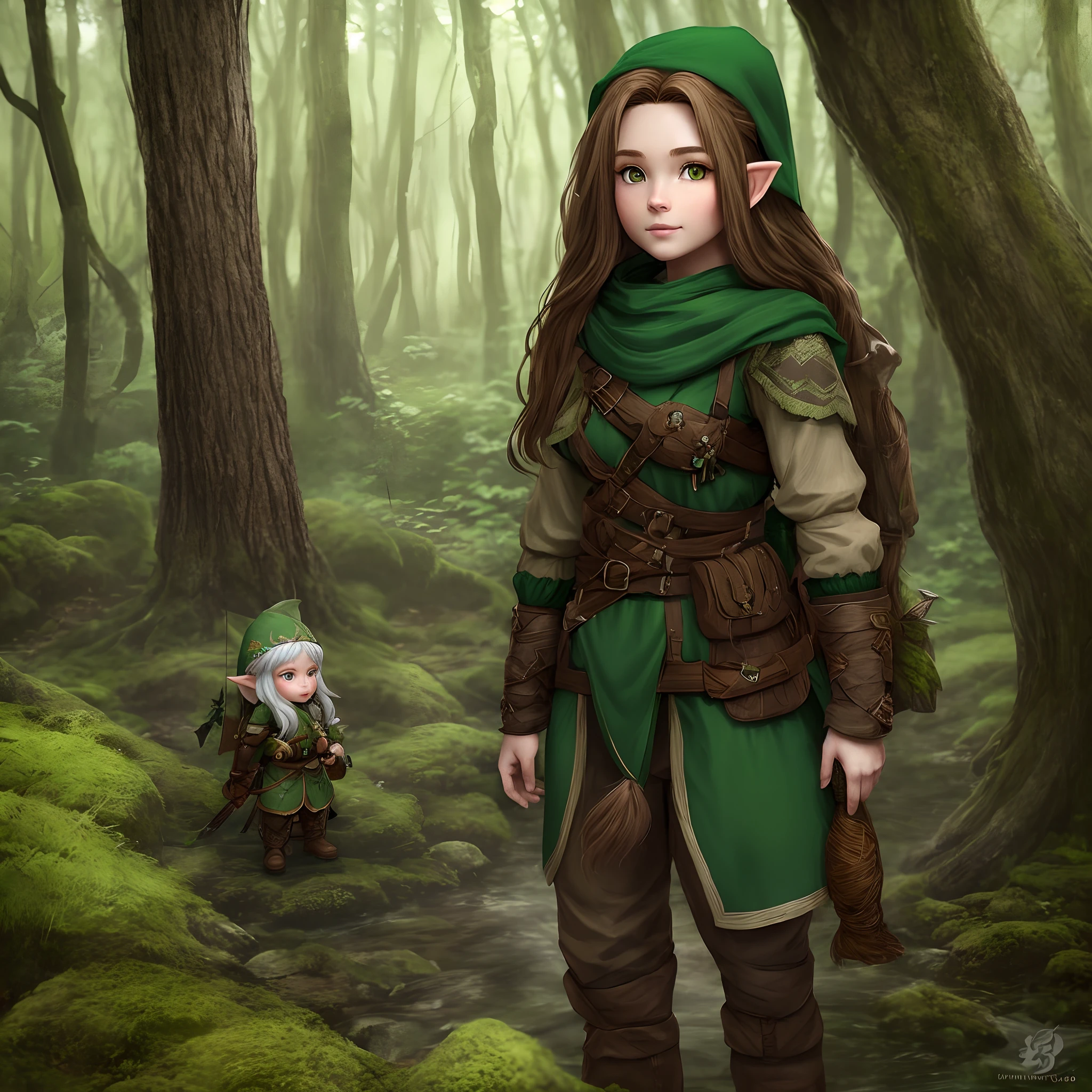 Forest gnome female ranger long brown hair with green tunic with bow and arrow