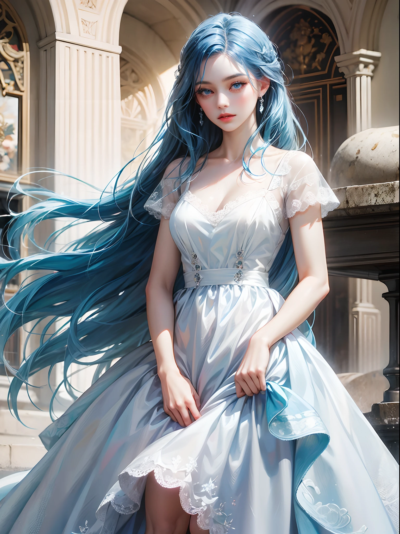 princess_celestia, crown, regalia, purple eyes, white dress, looking at viewer, smiling, medium shot, standing, outside, castle courtyard, under large tree, beautiful quality, extreme detail, masterpiece,