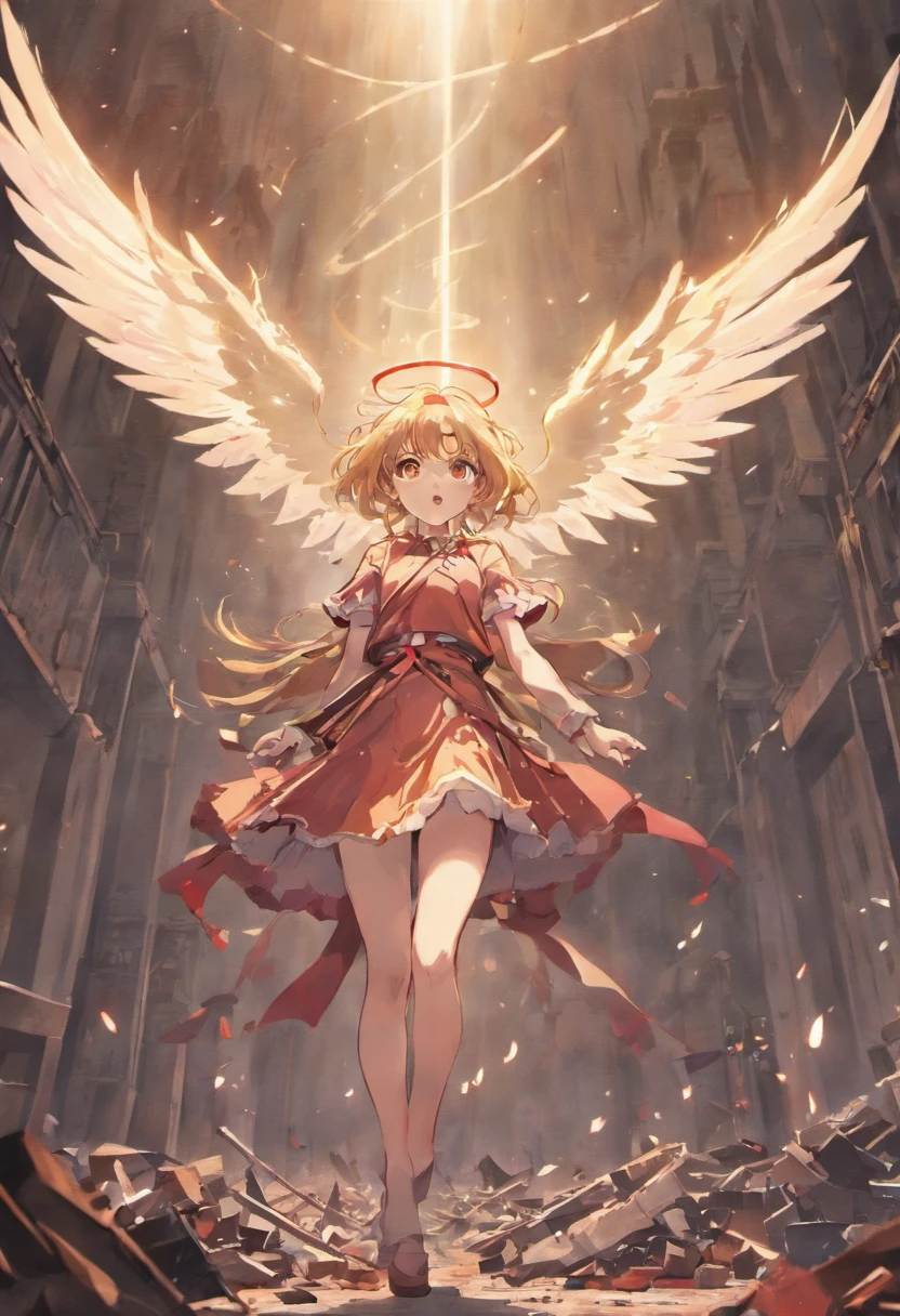 angel of war, demonic, killing someone, looking up, high definition, (masterpiece) angels flying in background, war scene, high destruction, crushed cars, destroyed tanks