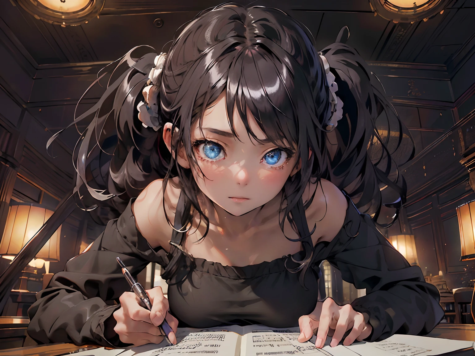 absurdres, highres, ultra detailed,, (disheveled hair,beautiful detailed eyes,shiny oily skin:1.1)
study room
Quiet music is playing in a dark room
various writing tools and electronics
The girl is bent over showing off ass and pussy to viewer