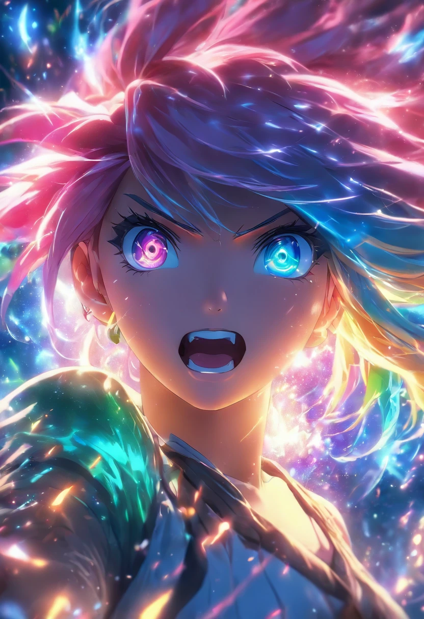 (best quality,4k,8k,Altas,master part:1.2),ultra-detalhado,(Realistic,fotorrealista,photo-realistic:1.37),Female with bright teary eyes,rainbow colored hair,Casting Brilliant Spells,mystic forest,illustration,atmosfera encantada,cores vibrantes,soft lighting