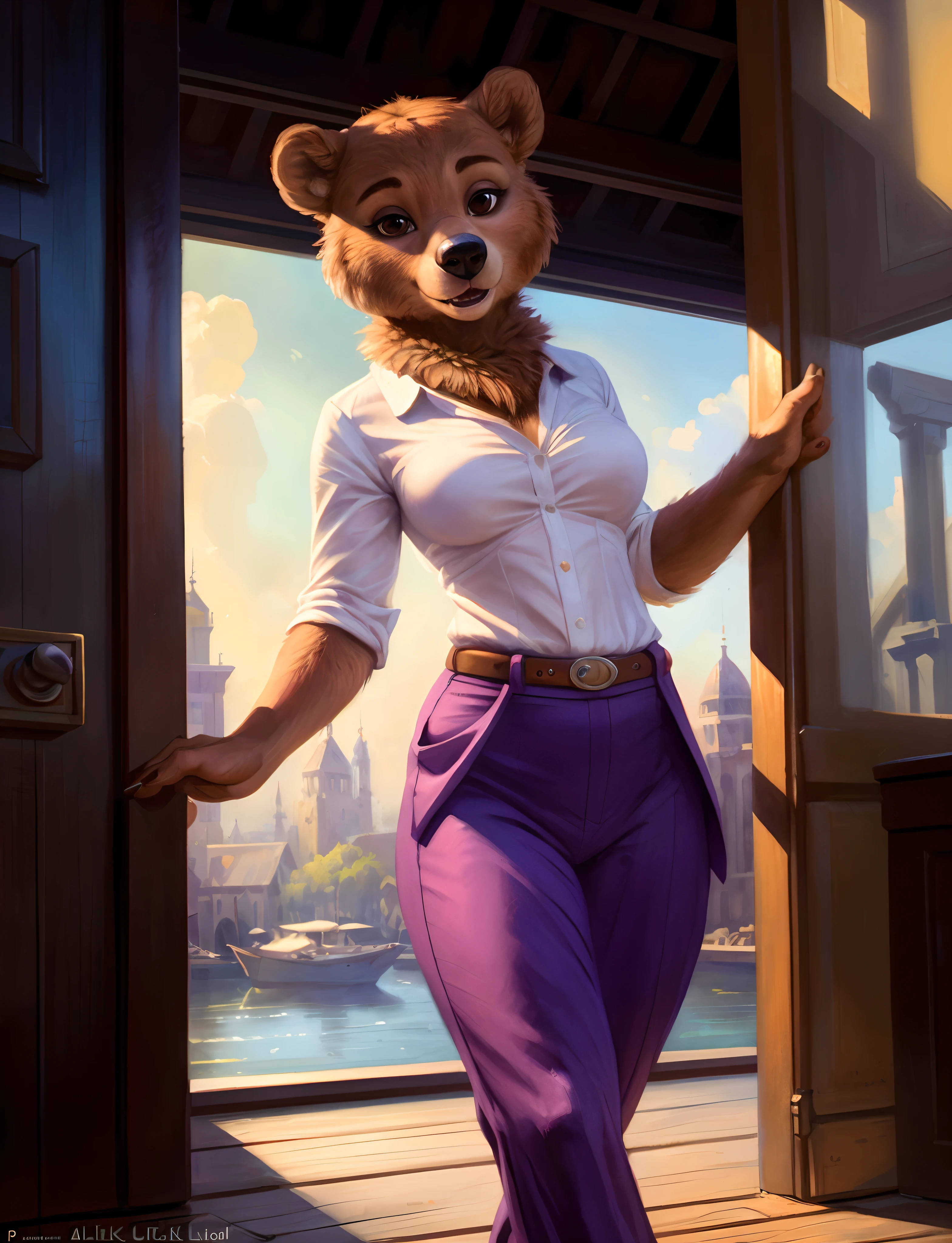 by personalami, by honovy, by thebigslick, by taran fiddler, by kenket, female Rebecca, bear, furry, cute sexy young, perfect breasts, pants, blue/purple pants, tail, short tail, (fluffy, furry:1.3) backlighting, detailed background, (cinematic lighting:1.2), braless, shirt, 8k hd, professional photoshoot, highest quality, (extreme fur detail:1.2), professional photoshoot, front view, (big wide detailed brown pixar eyes:1.2), real life, depth of field,