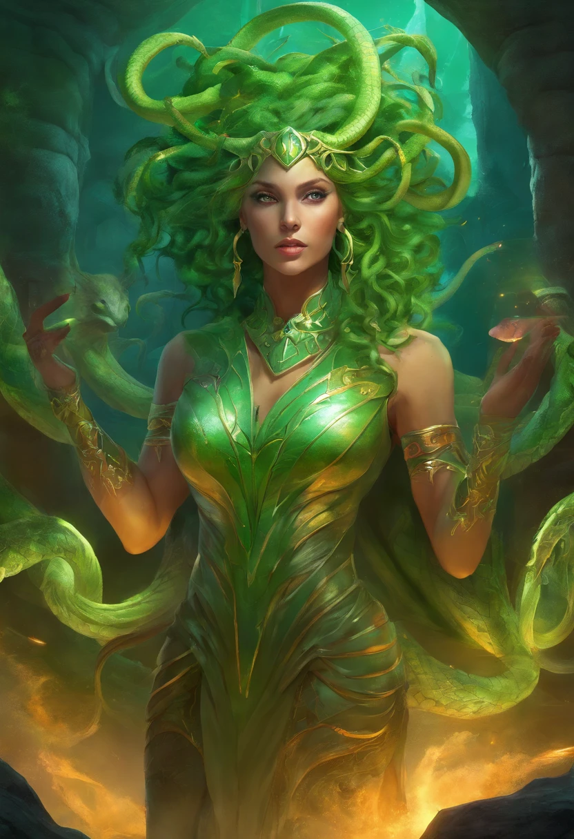 ((best quality)), ((masterpiece)), ((realistic)), Medusa, full body, (((BIG SMILE)))), hair is composed of numerous small snakes, green eyes, female face, carved metal top, real aura, trend in artstation, sharp focus, studio photo, intricate detail, very detailed, detailed eye, illustration, very detailed, sharp focus, digital rendering, professional, 4k