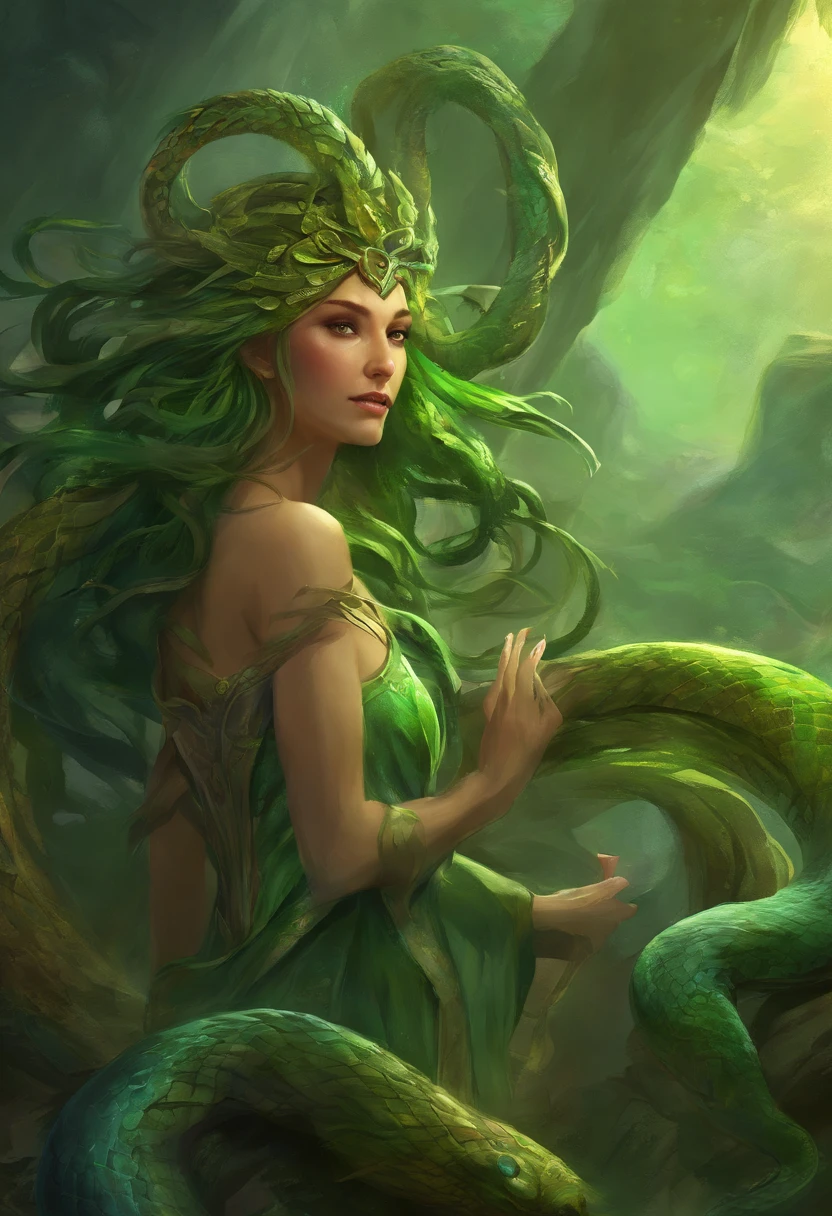 Fantasy creature, female gorgon, medusa, pretty human female face, green hair made of snakes, dark cavern background, view from waist up, cinematic, trending on artstation, Greg Rutkowski, Clyde Caldwell, matte painting, medieval fantasy