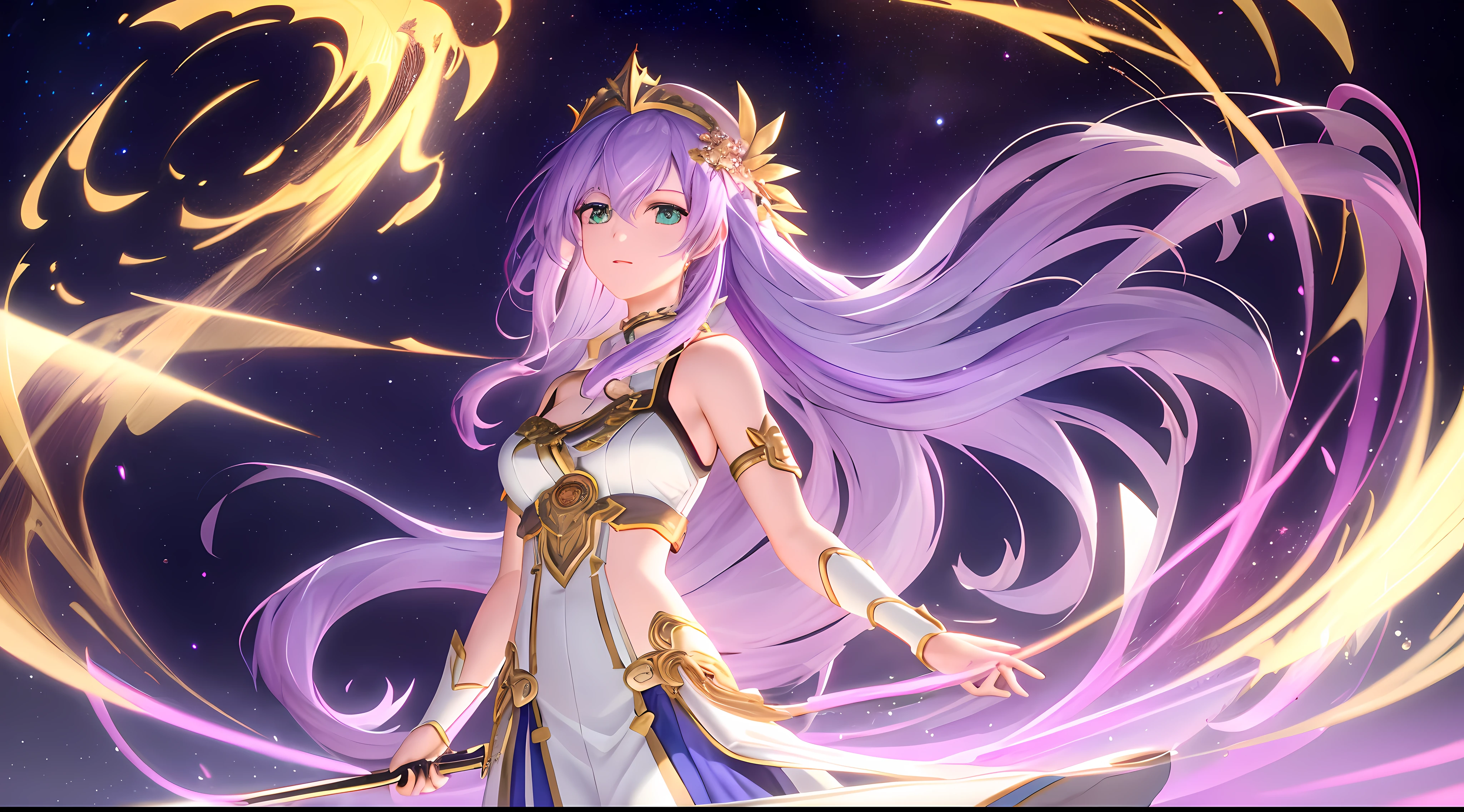 Athena with plain long light purple hair,hair between eyes,green eyes,rosy cheeks,full lips,thin eyebrows,slender body,wearing golden robe and full long skirt,cute anime girl,full body,desert night sky nebulae in background,anime style,Lumen Reflections,Screen Space Reflections,Diffraction Grading,Chromatic Aberration,GB Displacement,Scan Lines,Ray Traced,Anti-Aliasing,FXAA,TXAA,RTX,SSAO,Shaders,OpenGL-Shaders, GLSL-Shaders,Post Processing,Post-Production,cell Shading,Tone Mapping,CGI,VFX,SFX,insanely detailed and intricate, 4K,standing, solo, masterpiece, best quality, detailed face, detailed eyes, highres, standing, solo,masterpiece, best quality